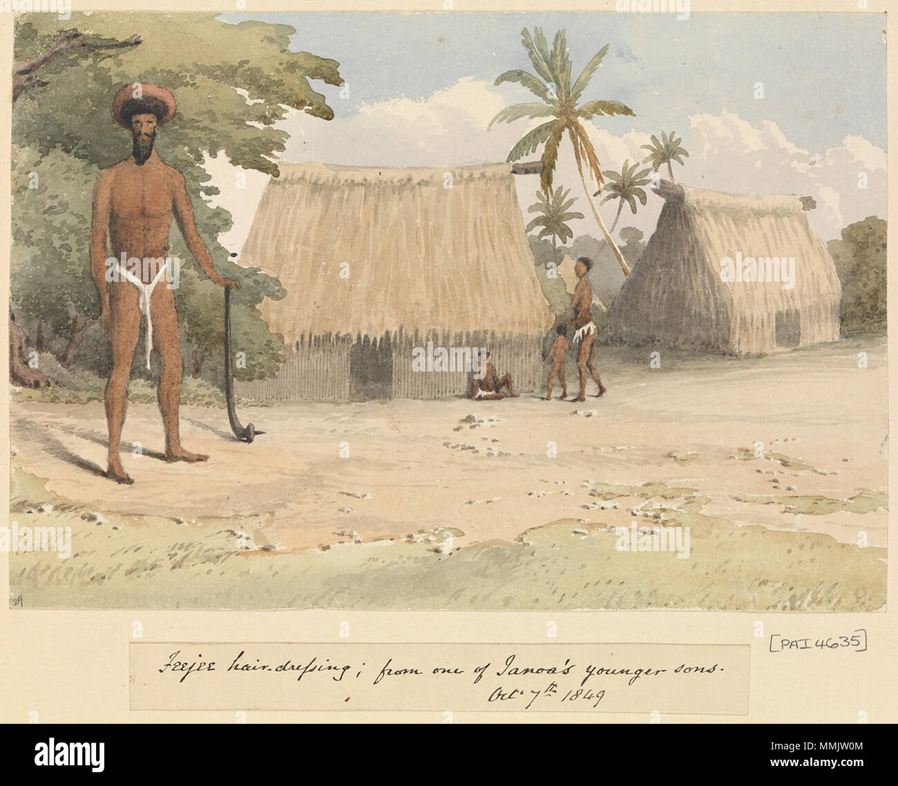 . English: 'Feejee hair-dressing; from one Tanoa's younger sons, Octr 7th 1849' [Fiji].  . 7 October 1849. Admiral Edward Gennys Fanshawe (27 November 1814 – 21 October 1906). Edward Gennys Fanshawe, Feejee hair-dressing; from one Tanoa's younger sons, Octr 7th 1849 (Fiji) Stock Photo