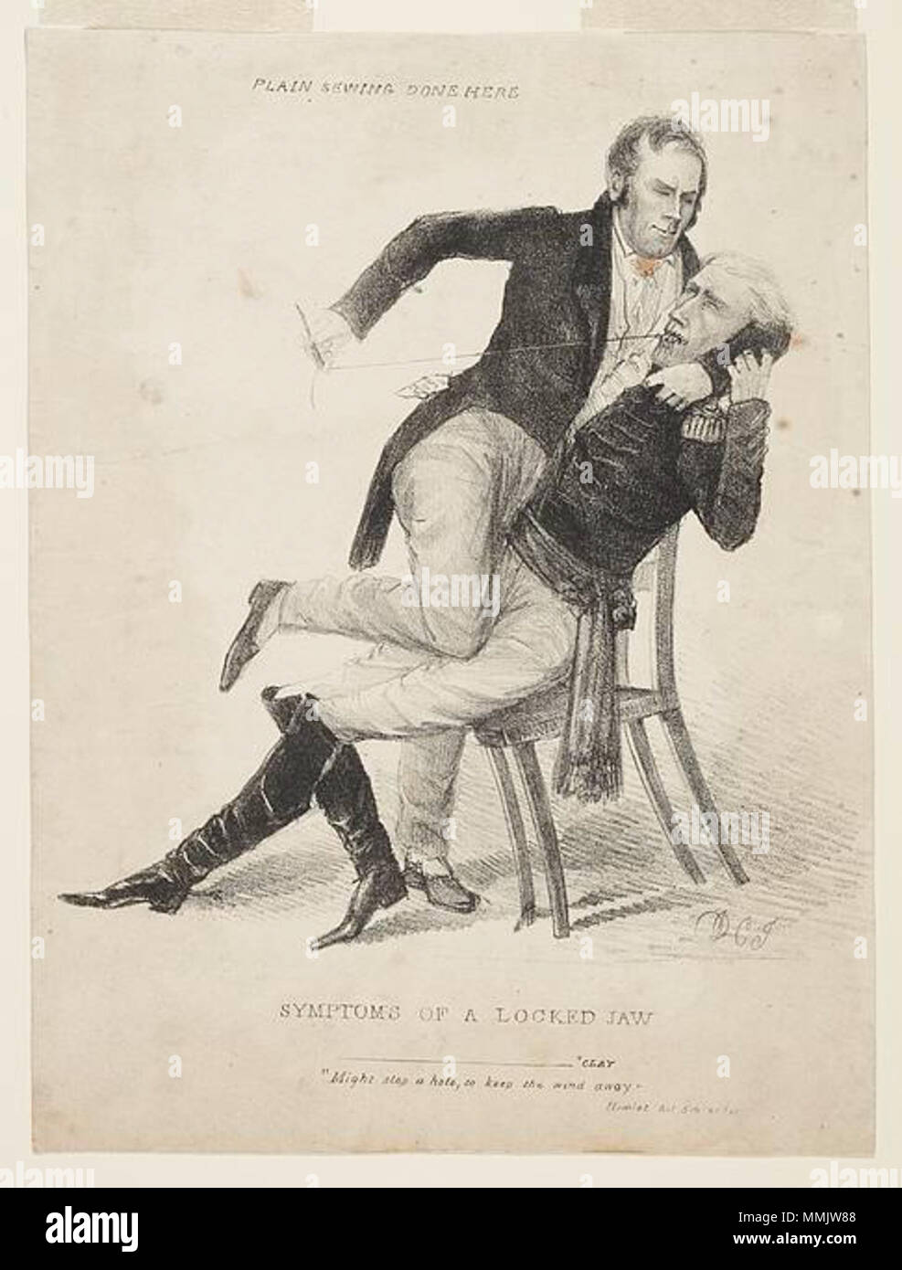 .  English: The caricature appeared in the Niles Weekly Register (see Hezekiah Niles) on January 5 and 12, 1828, regarding the 'Corrupt Bargain' accusations made my presidentail candidate Andrew Jackson against Secretary of State Henry clay in 1824. Secretary Clay is shown restraining a seated, uniformed General Jackson and sewing up his mouth. From Clay's pocket protrudes a slip of paper reading, 'cure for calumny.' Below the image is a quote from Shakespeare's 'Hamlet,' '. . Clay might stop a hole, to keep the wind away.' On the wall behind him are the words 'Plain sewing done here.'  Sympto Stock Photo
