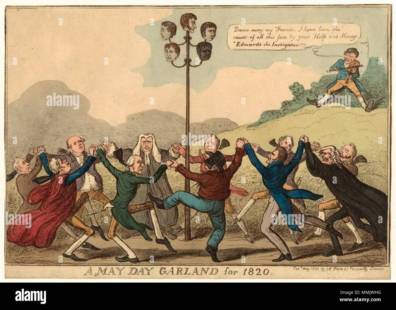 . English: A May Day Garland for 1820 The print includes representations of Nicholas Vansittart, 1st Baron Bexley (1766-1851); John Thomas Brunt (1782-1820) (executed conspirator); George Canning (1770-1827); William Davidson (1786-1820) (executed conspirator); George Edwards (1787-1843) (spy and agent provocateur who uncovered the Cato Street Conspiracy); Robert Gifford, 1st Baron Gifford (1779-1826); James Ings (1794-1820) (executed conspirator); Robert Stewart, 2nd Marquess of Londonderry; Henry Addington, 1st Viscount Sidmouth (1757-1844); Charles Abbott, 1st Baron Tenterden (1762-1832); A Stock Photo
