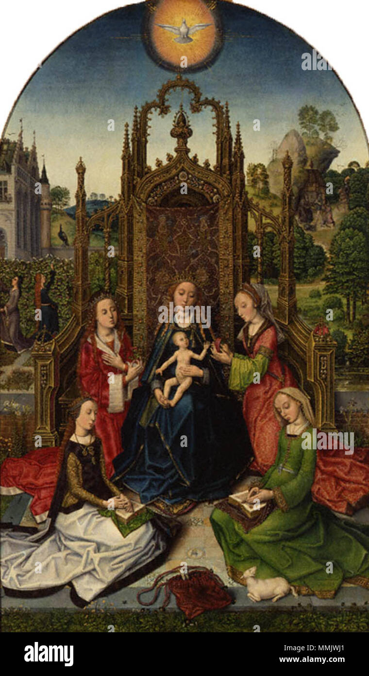 . The Virgo inter virgines, oil on panel, 99 x 59 cm. Richmond, Virginia Museum of Fine Arts. A copy after Hugo van der Goes.  Madonna and Child Enthroned with Saints. circa 1499. 1499 virgo inter virgines Stock Photo