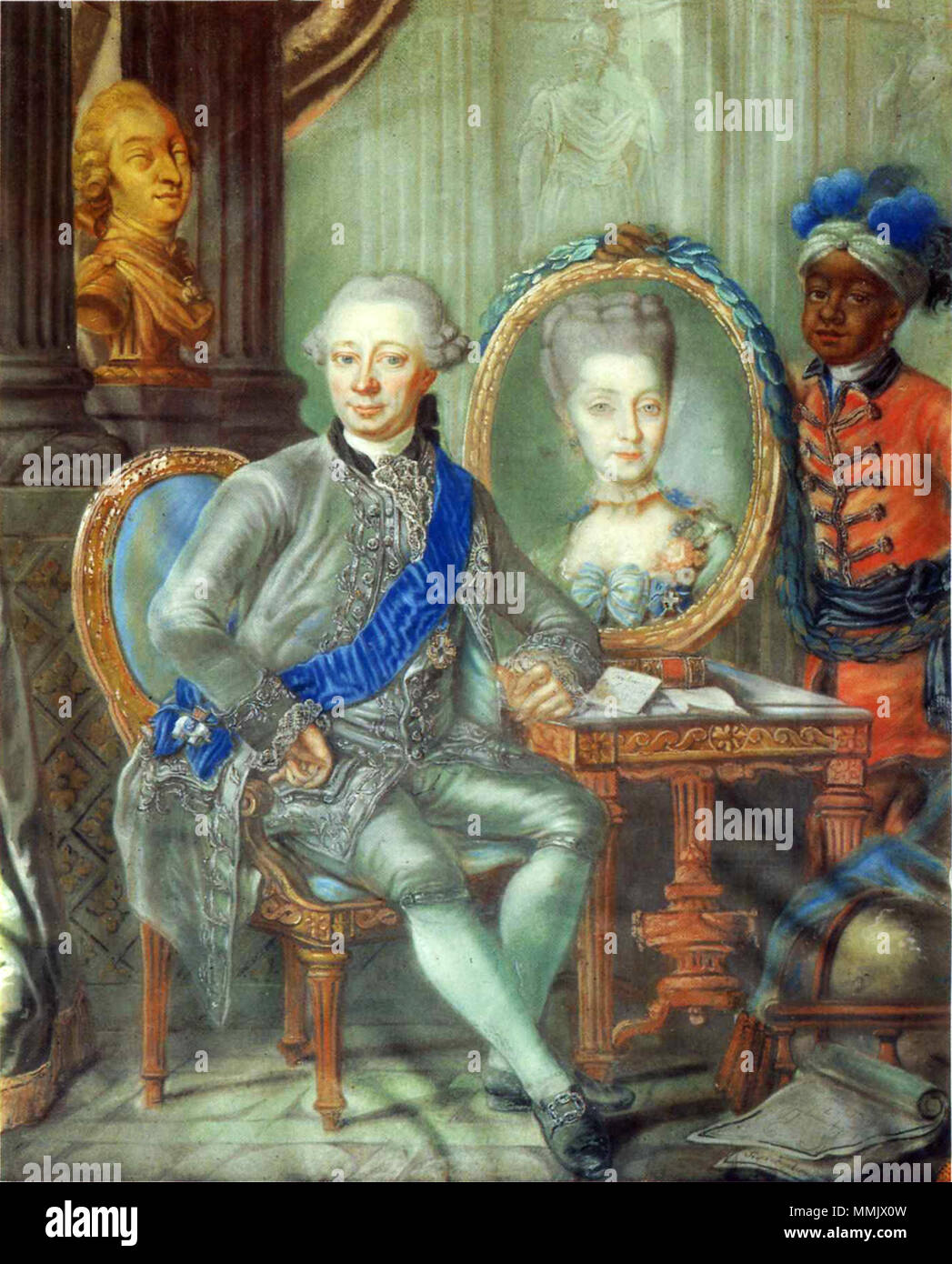 .  English: Portrait of Heinrich Carl Schimmelmann with the portrait of his wife Caroline Tugendreich with an African slave boy  . circa 1773. Heinrich Carl Schimmelmann 1773 Stock Photo