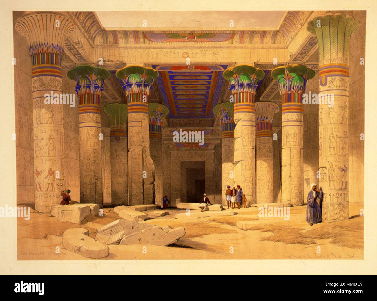 .  English: Picture of a print from David Roberts' Egypt & Nubia, issued between 1845 and 1849.  . 1848. Grand Portico of the Temple of Philae-David Roberts Stock Photo
