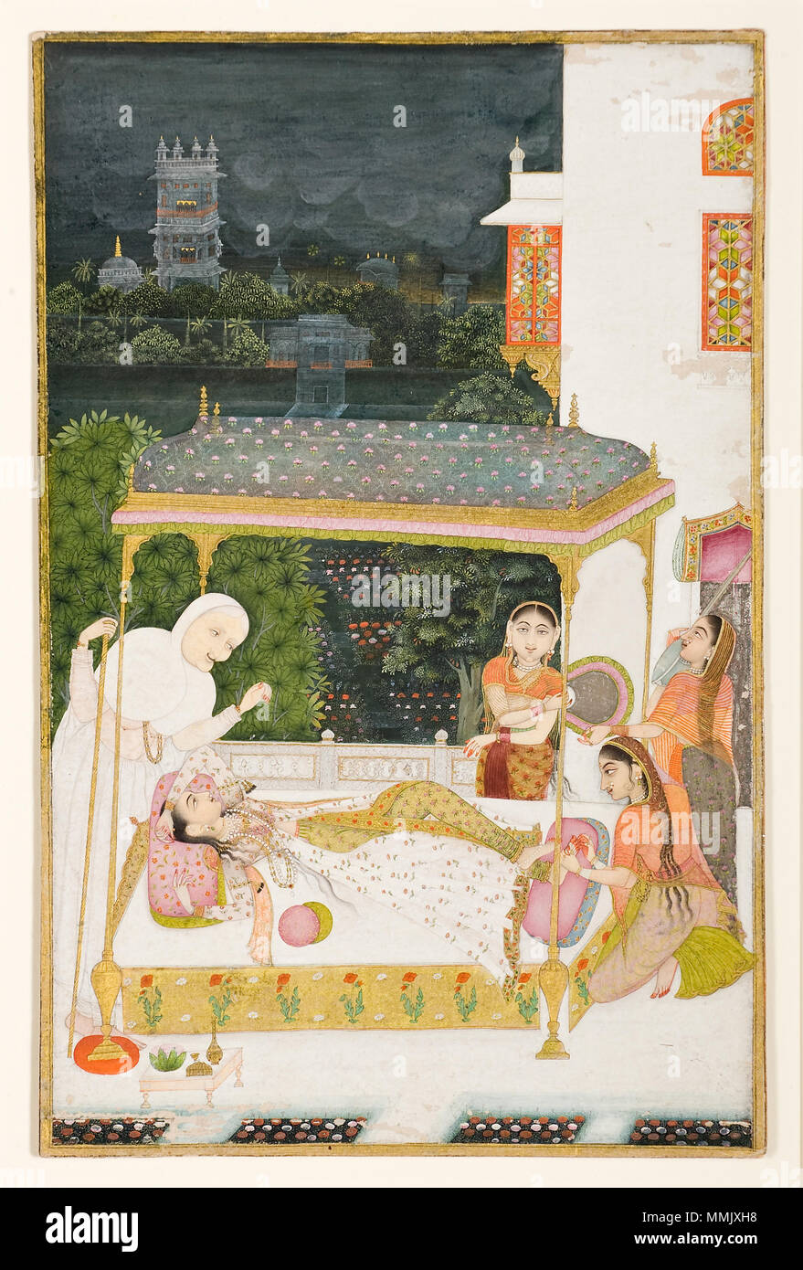 . English: Display Artist: Kasam, Son of Gul Muhammad Creation Date: 1749 Display Dimensions: 8 21/32 in. x 5 9/16 in. (22 cm x 14.1 cm) Credit Line: Edwin Binney 3rd Collection Accession Number: 1990.803 Collection: The San Diego Museum of Art  . 22 March 2010, 12:16:10. English: thesandiegomuseumofartcollection A young woman on a canopied bed outdoors on a stormy night, has her feet massaged (6124520491) Stock Photo
