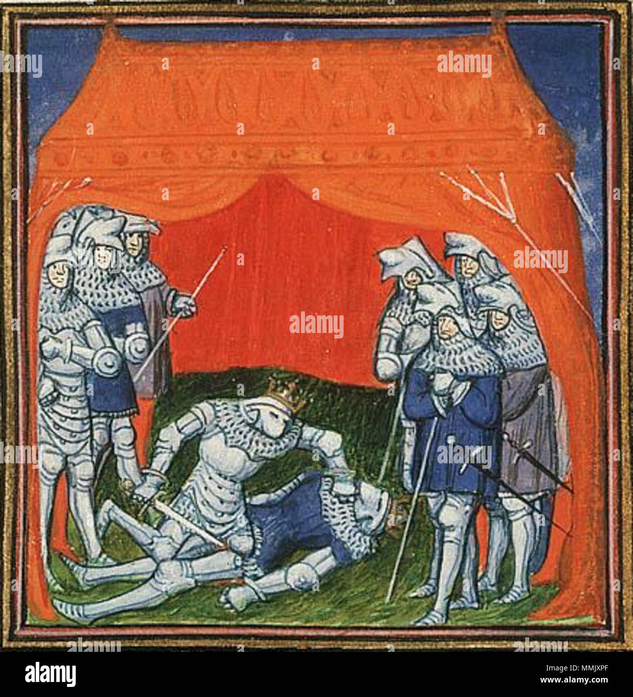 . English: Enrique of Transtamare kills his half-brother Pedro I, king of Leon and Castile Contents: Jean Froissart, Chroniques (Vol. I) Place of origin, date: Paris, Virgil Master (illuminator); c. 1410 Material: Vellum, ff. 382, 385x288 (243x187) mm, 42 lines, littera cursiva, Binding: 18th-century brown leather; gilt; with coat of arms of Stadholder William V Decoration: 1 two-column miniature (170x180 mm); 29 column miniatures (115/65x95/80 mm); 1 historiated initial (45x50 mm); decorated initials with border decoration (ff. 1r, 24r, 36r, 62r, 74v, etc.) Provenance: Louis de Luxemburg, con Stock Photo