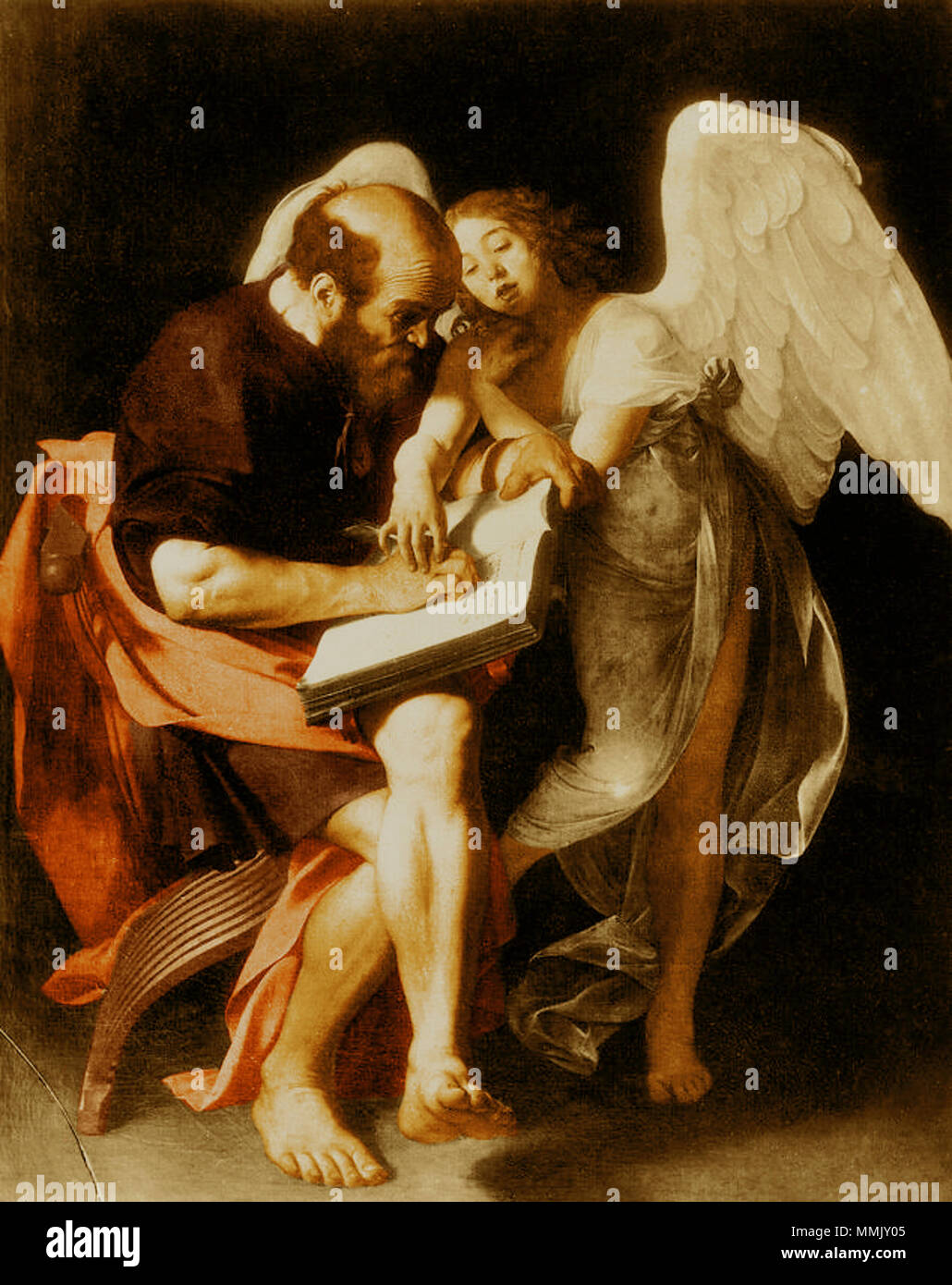 .  English: A self-produced, colourised version of this destroyed, no longer existing work, as only black and white photographs previously existed as reference.  Deutsch: Der Evangelist Matthäus mit dem Engel English: Saint Matthew and the Angel . 1602. Caravaggio MatthewAndTheAngel byMikeyAngels Stock Photo