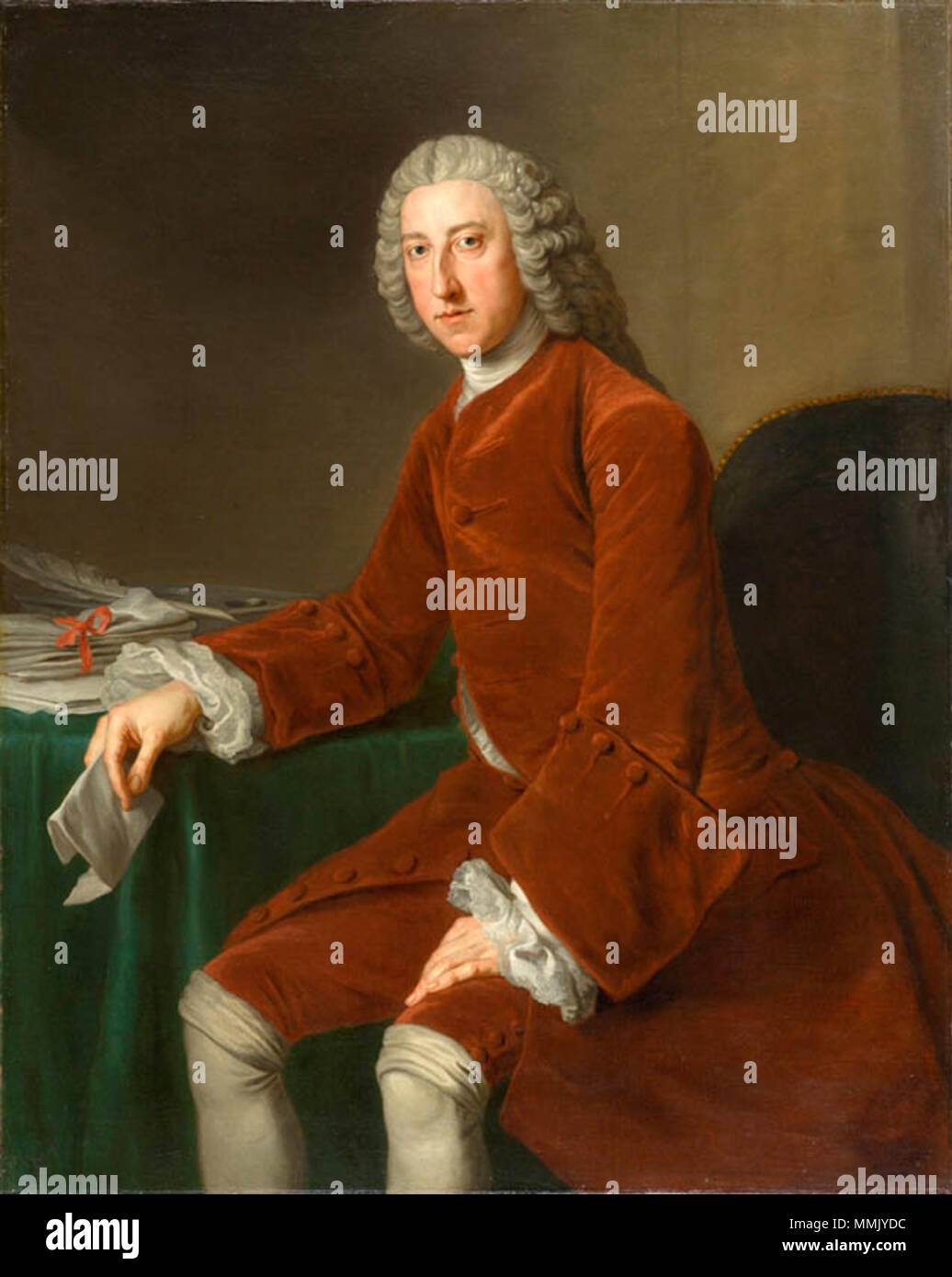 .  English: Portrait of the British statesman William Pitt, 1st Earl of Chatham (1708–1778), at three-quarter length, grey wig falling behind shoulders; rich brown velvet suit, white cravat, shirt and wrist ruffles; on the table an inkstand, pen and papers, a letter in his right hand; brown interior background; lit from left.  William Pitt, later First Earl of Chatham (1708–1778). circa 1754. Elderpitt Stock Photo