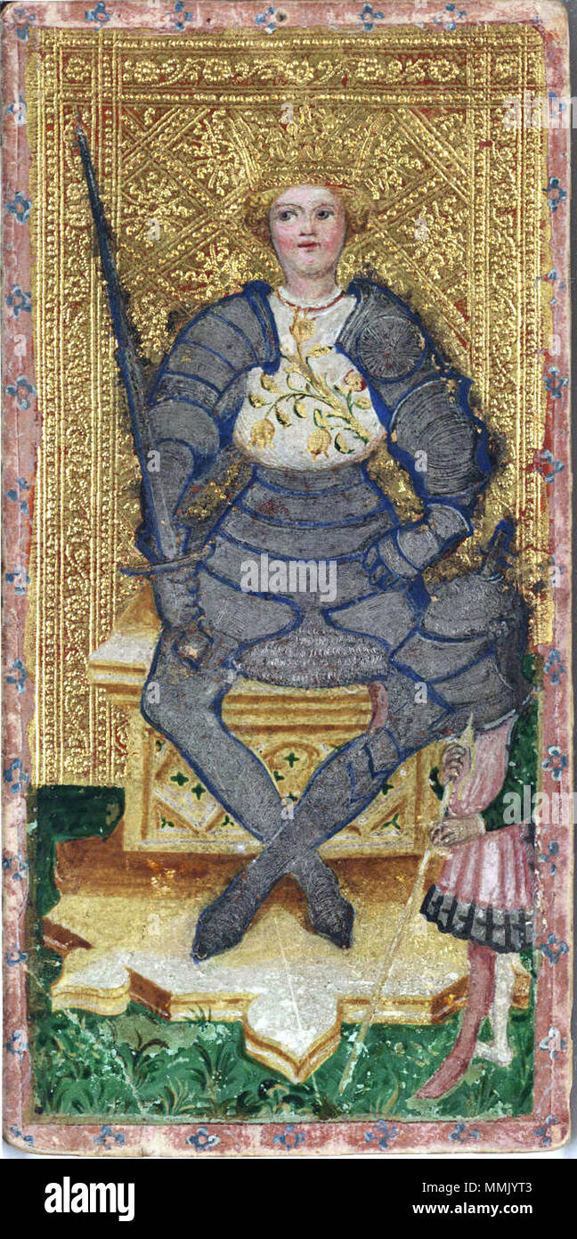 English: King of Swords (Spades) from the Cary-Yale Visconti tarot deck.  Italiano: Re di spade del mazzo Tarocchi Visconti di Modrone, detti anche  Cary-Yale. . 15th century. (?) Bonifacio Bembo (1420–1480)