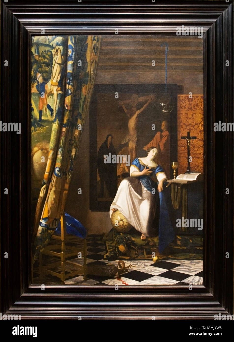 Magyar: A katolikus hit allegóriája English: Allegory of the Catholic Faith .  Magyar: 1670 körül English: c. 1670 . Allegory of the Catholic Faith - Painting of Vermeer, with frame Stock Photo