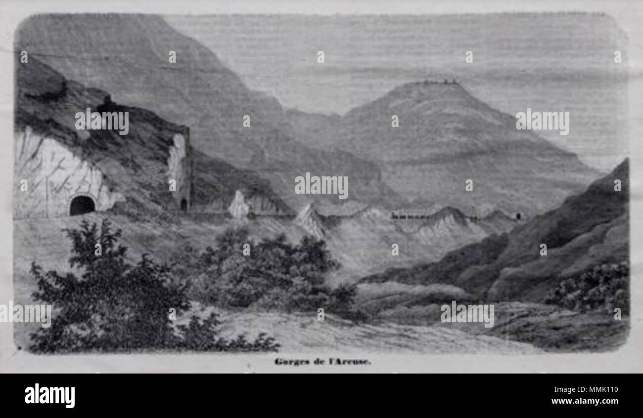 . Français : Gorges de l'Areuse, ligne ferroviaire Franco-Suisse Technique: Gravure sur bois, xylographie  . 1864. Plutowiki Gorges-de-l-areuse-vers-1864 Stock Photo