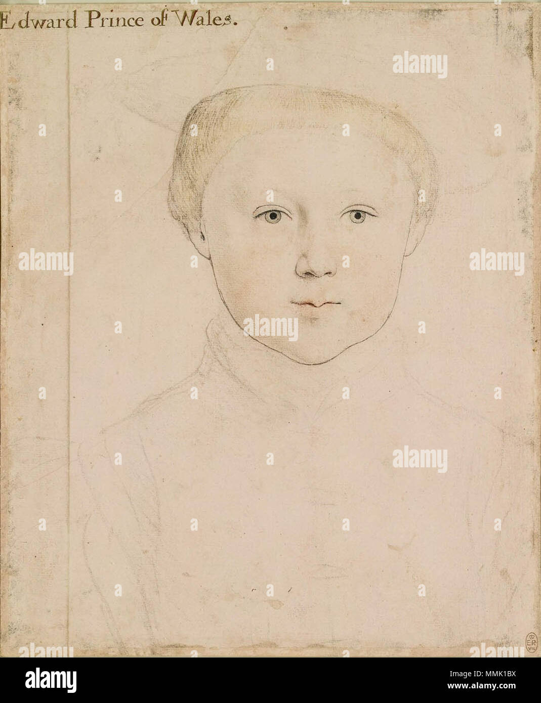 . English: Possible portrait of Edward, Prince of Wales. Black and coloured chalks, pen and Indian ink on pink-primed paper, 27.5 × 22.9 cm, Royal Collection, Windsor Castle. The drawing is in bad condition, with a long diagonal tear on the left, touching the hair, and has been rubbed and retouched. According to art historian K. T. Parker, traces of Holbein's left-handed shading may be seen in the hat and coat, but the penwork and hair are low quality, probably reworked at a later date. Not all scholars accept the attribution to Holbein (Roy Strong, Tudor and Jacobean Portraits, London: HMSO,  Stock Photo