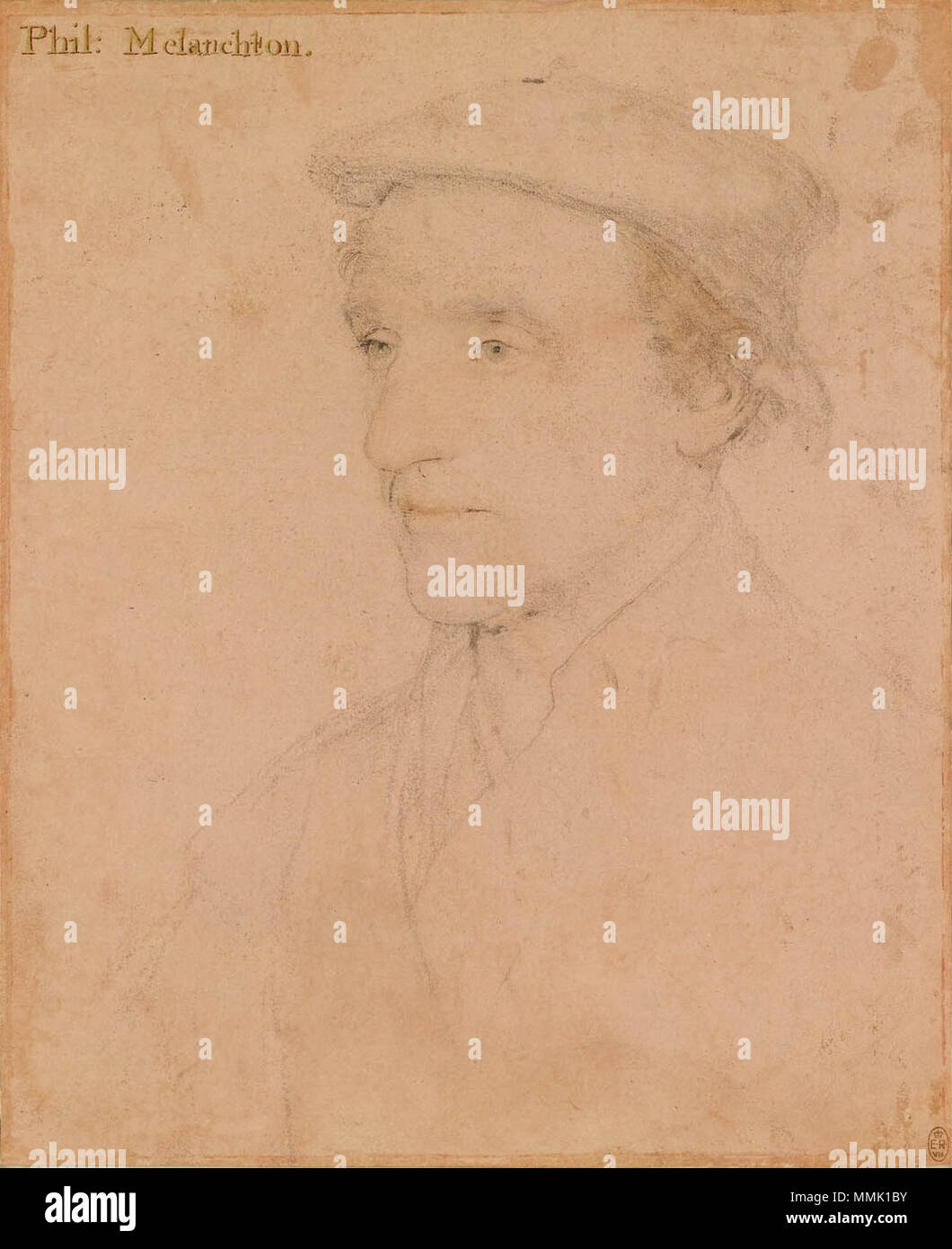 . English: Portrait of an Unknown Man, inscribed 'Phil: Melanchton'. Black chalk, pen and Indian ink on pink-primed paper, 28.8 × 23.5 cm, Royal Collection, Windsor Castle. The drawing is badly rubbed and retouched by later hands with chalk and ink, and there is a hole near the middle of the hat. Holbein's left-handed shading can me seen in the hat. The identification, added later, of the sitter as the reforming German theologian Philipp Melanchthon is thought to be false. The subject does not resemble Holbein's painted portrait of Melanchthon or other portraits of him. The subject is not a me Stock Photo