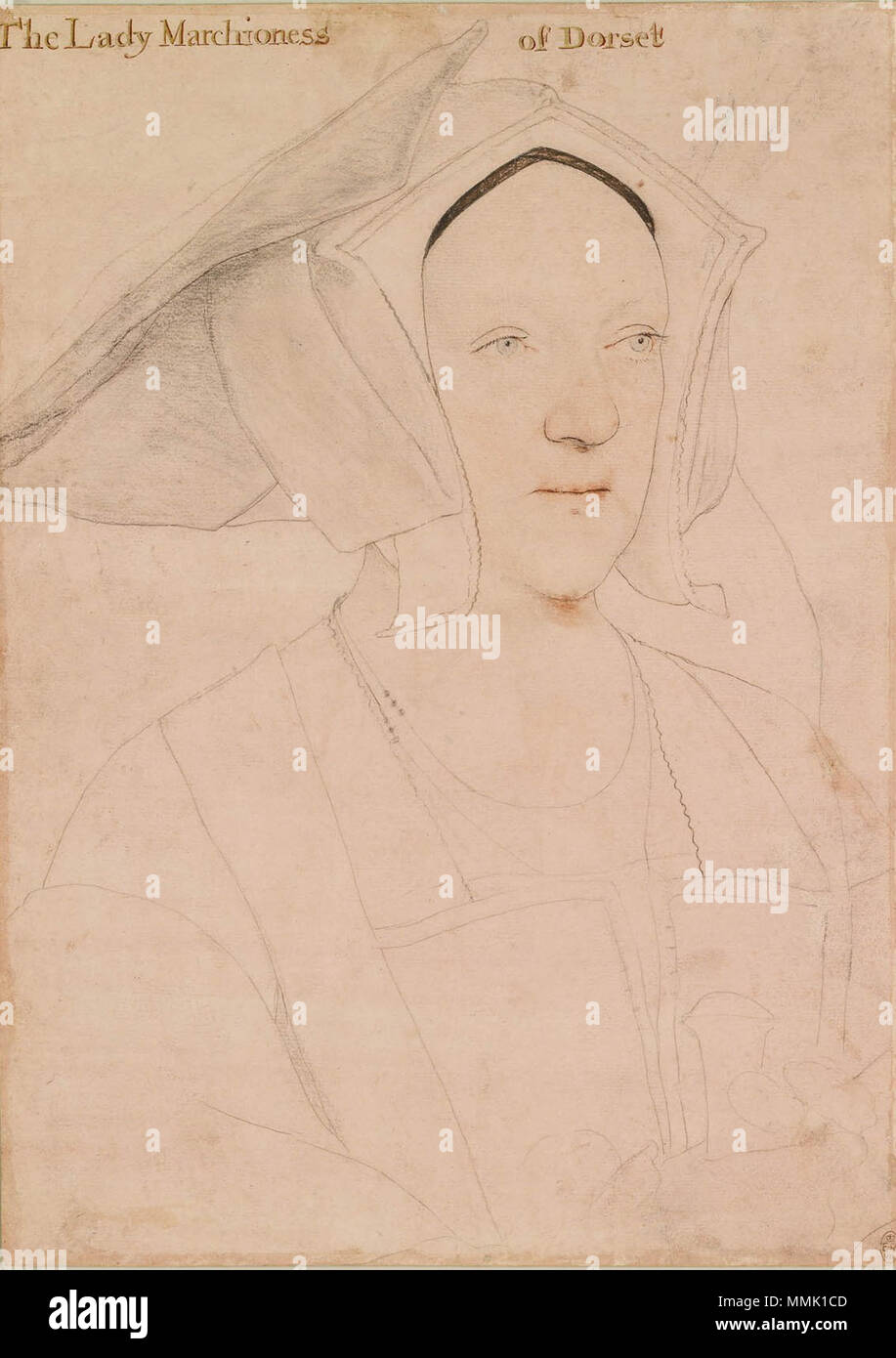 . English: Portrait of Margaret, Marchioness of Dorset. Black and coloured chalks, pen and Indian ink, metalpoint, on pink-primed paper, 33.3 × 23.8 cm, Royal Collection, Windsor Castle. The drawing has been almost entirely ruined by rubbing, damage during transfer to panel, and reworking by other hands. The foundation drawing is virtually erased, but traces of left-handed shading in the headdress identify it as originally a Holbein (Parker, p. 43). The sitter was once misidentified as Frances Grey, Marchioness of Dorset, the mother of Lady Jane Grey. In fact she is Frances Grey's mother-in-la Stock Photo