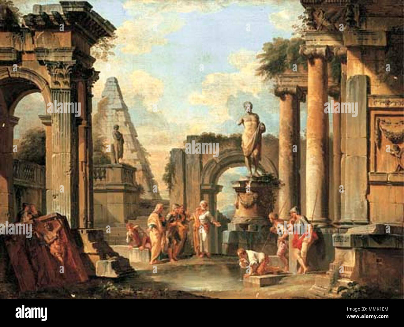 . A capriccio of classical ruins with Diogenes throwing away his cup.  A capriccio of classical ruins with Diogenes throwing away his cup.. late 1720s. Giovanni Paolo Panini - Diogenes Stock Photo