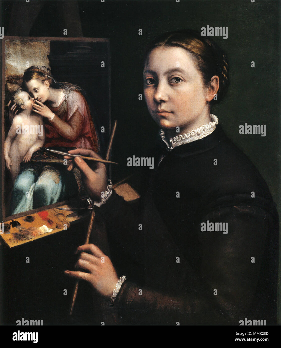 Self-portrait at the easel.. 1556. Self-portrait at the Easel Painting a Devotional Panel by Sofonisba Anguissola Stock Photo