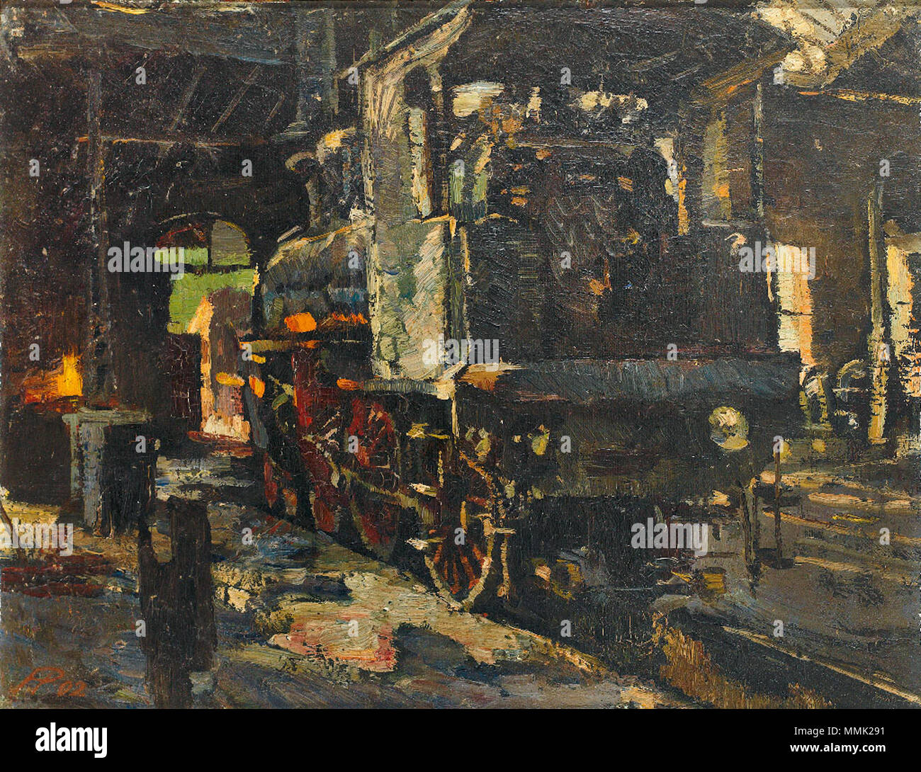 . Hermann Pleuer: Dampflokomotive in einem Bahnhof, 1902. Öl auf Karton, 41,5 x 53,5 cm  . 1902. Hermann Pleuer Dampflokomotive 1902 Stock Photo