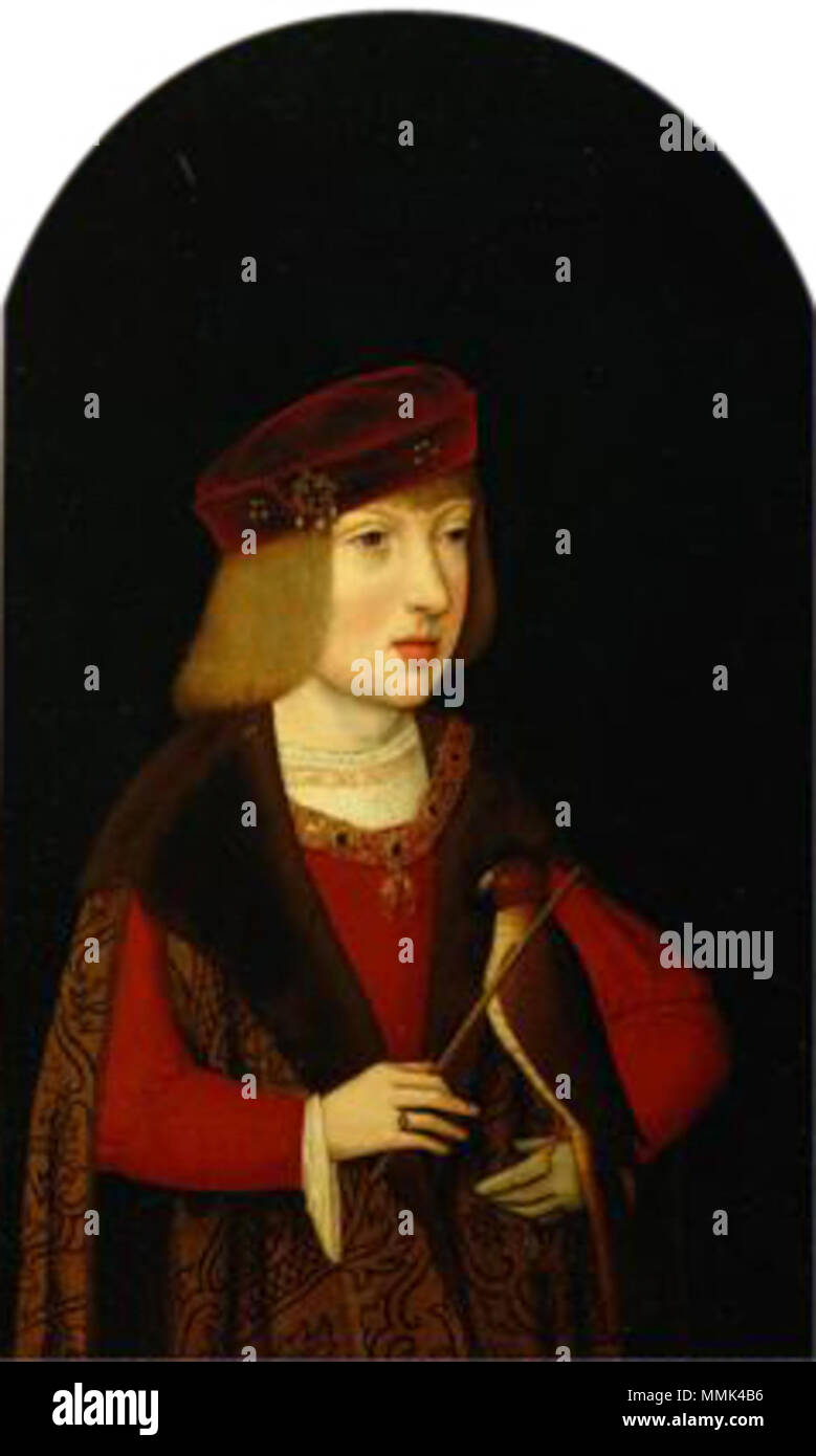 .  Deutsch: Kaiser Karl V. (1500-1558) als Siebenjähriger mit einem Jagdfalken, Halbfigurenbild  Portrait of Charles V (1500-1558). circa 1507. Meister der Magdalenenlegende 003 Stock Photo