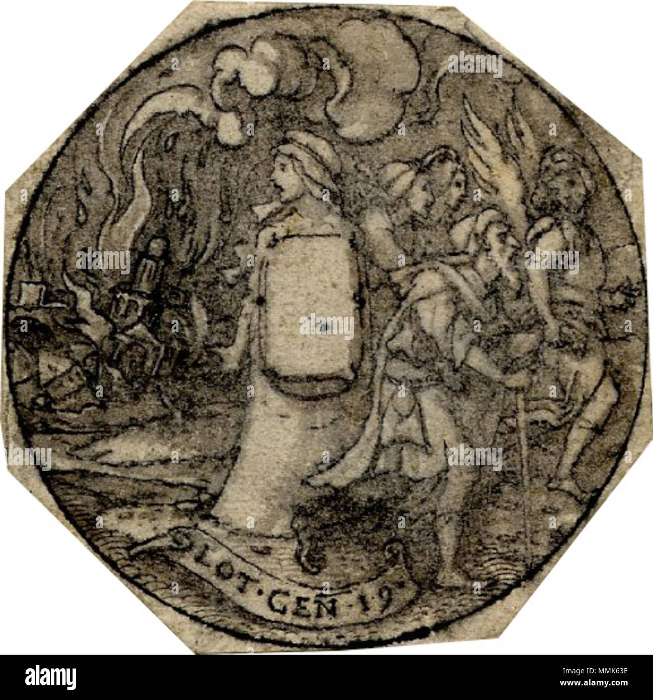 . English: Hans Holbein the Younger, Medallion with Lot's Wife, circa 1532–1543, pen and brown ink with grey wash on paper, 5.0 cm diameter (British Museum, museum number SL,5308.25).  . circa 1532–1543.   Hans Holbein  (1497/1498–1543)       Alternative names Hans Holbein der Jüngere, Hans Holbein  Description German painter and draughtsman  Date of birth/death 1497 or 1498 between 7 October 1543 and 29 November 1543  Location of birth/death Augsburg London  Work location Basel (1515-1526), Lucerne (1515-1526), Venice (1515), Bologna (1515), Florence (1515), Rome (1515), Venice (1517-1518), B Stock Photo