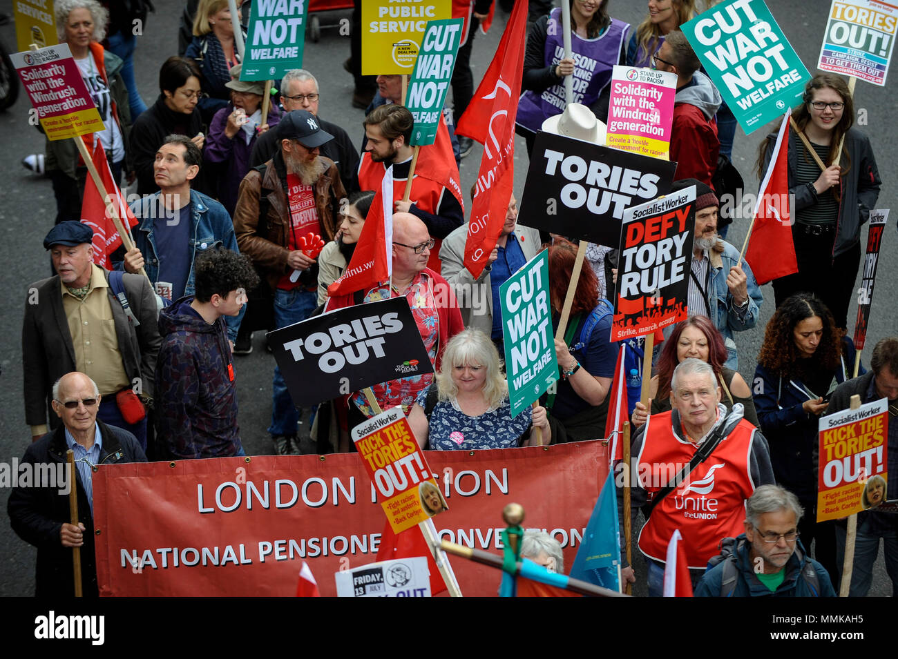 London, UK.  12 May 2018. People join a Trades Union Congress (TUC) march and rally in central London.   Thousands of demonstrators called for improved workers' pay and rights as well as improvement to pubic services as they marched from Embankment to Hyde Park.  Credit: Stephen Chung / Alamy Live News Stock Photo