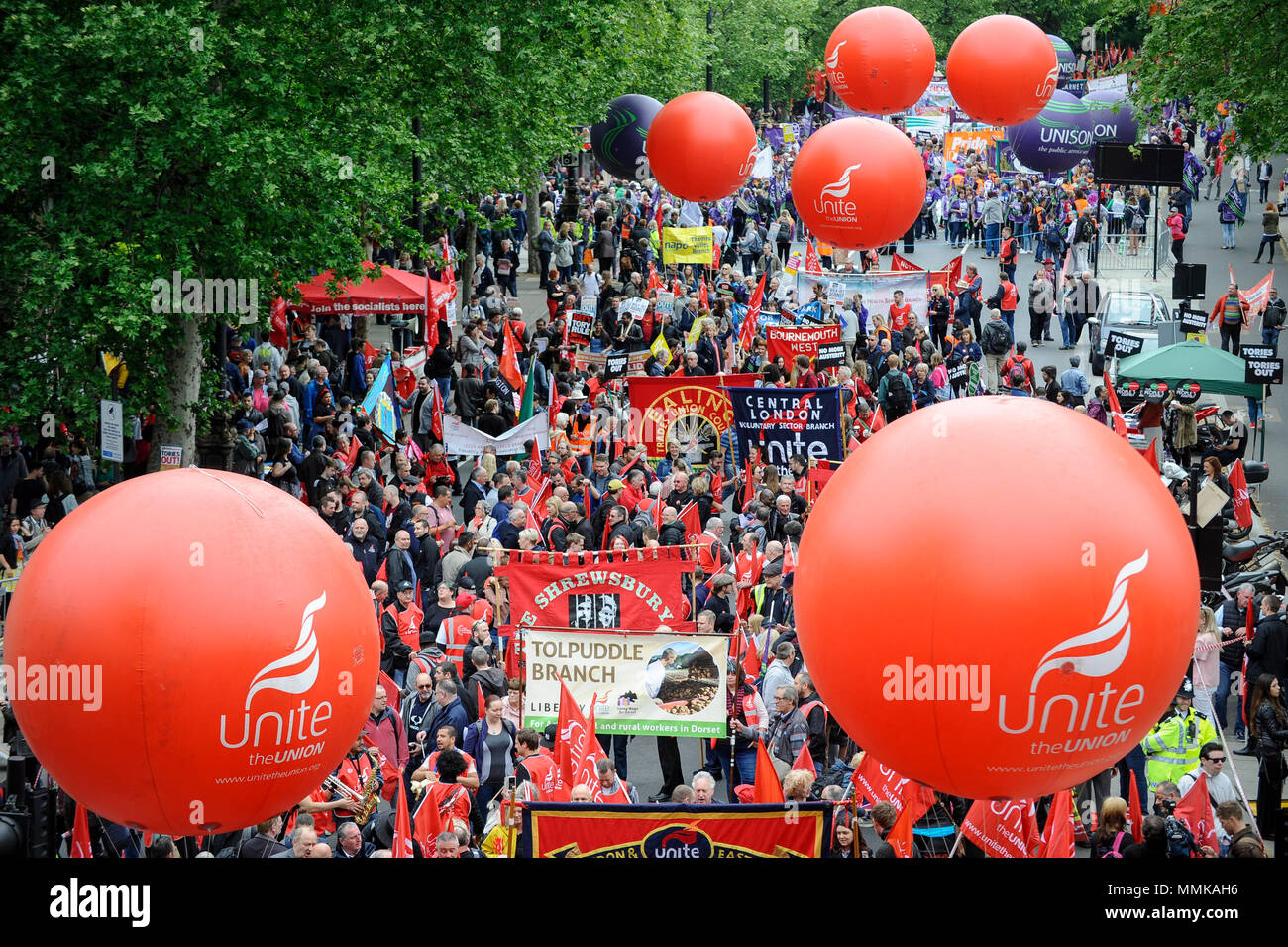 London, UK.  12 May 2018. People join a Trades Union Congress (TUC) march and rally in central London.   Thousands of demonstrators called for improved workers' pay and rights as well as improvement to pubic services as they marched from Embankment to Hyde Park.  Credit: Stephen Chung / Alamy Live News Stock Photo