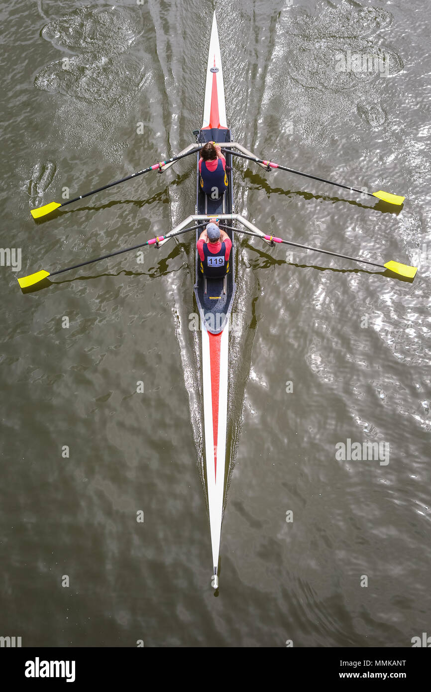 Overhead or birdseye view of rowing boat, River Severn Shrewsbury UK Stock Photo