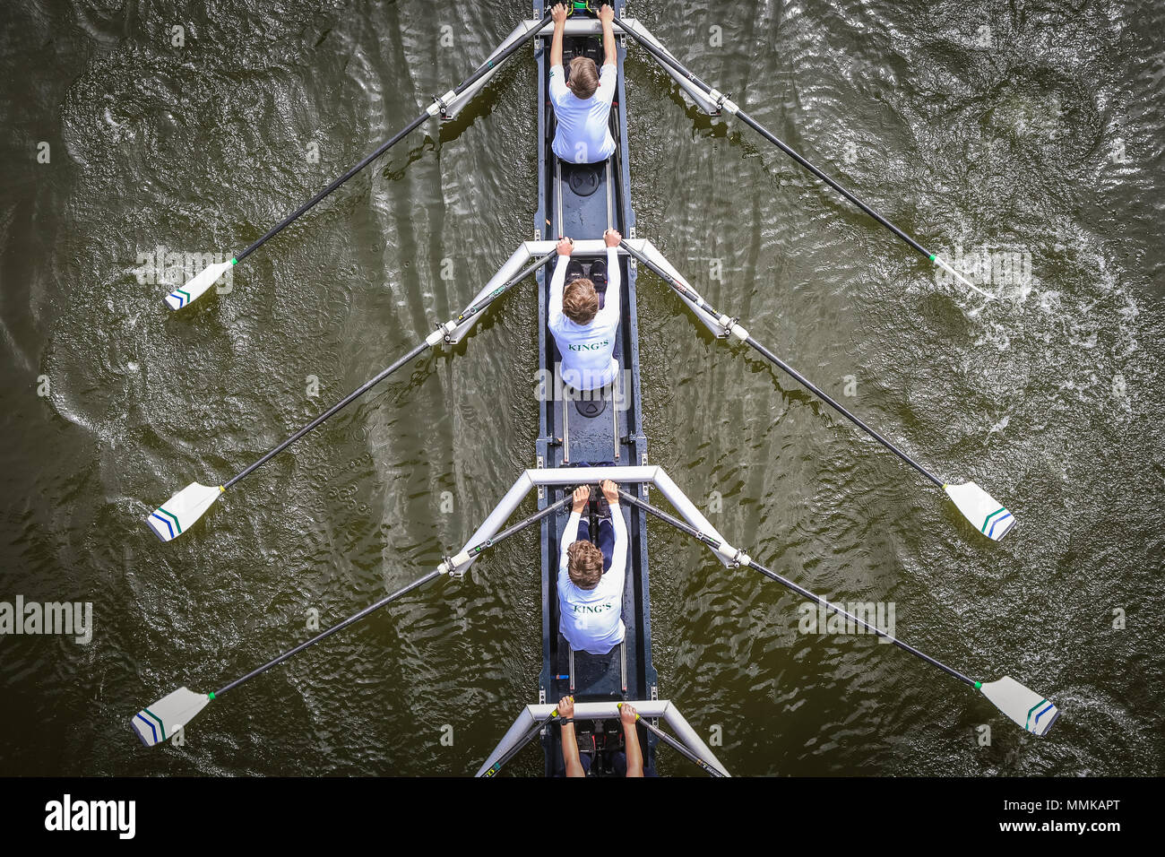 Overhead or birdseye view of rowing boat, River Severn Shrewsbury UK Stock Photo