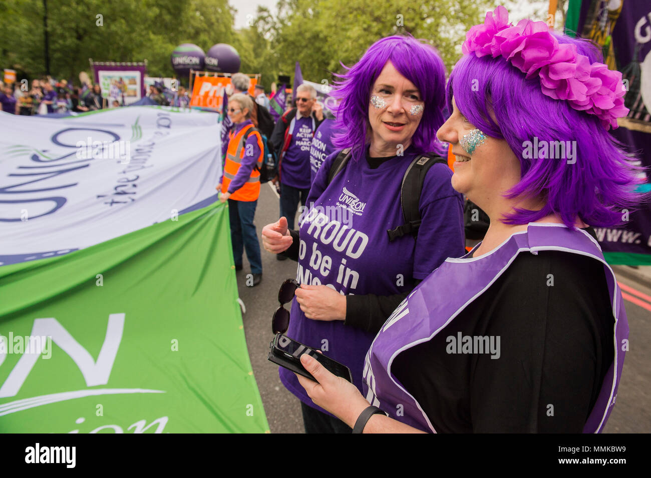London, UK. 12th May 2018. TUC deal for working people -- march, demo & rally. Starting on the Embankment and ending with speeches in Hyde Park. They are marching for a growing economy; For a £10ph minimum wage; For better and free public services; And against racism, sexism and discrimination. Credit: Guy Bell/Alamy Live News Stock Photo