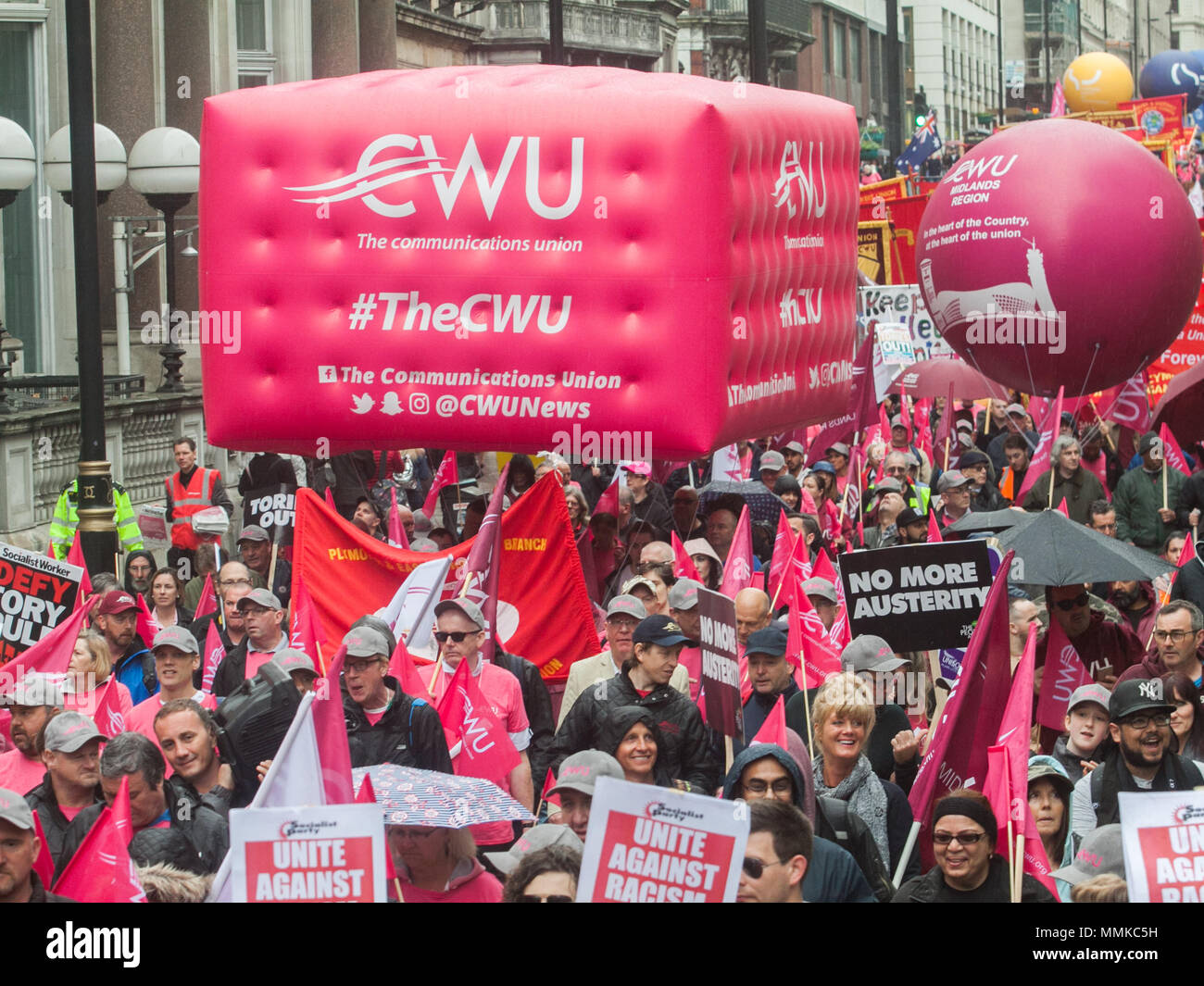 London UK. 12th May 2018. Thousands of people, Union members, peace campaigners and politicians marched  through central London  led by the TUC Trade Union Congress  with a theme 'New Deal for Working People'  calling for better pay, a higher minimum wage, a ban on zero-hours contracts and more funding for the NHS, education and an en to Conservative Tory spending cuts.Credit: amer ghazzal/Alamy Live News Stock Photo