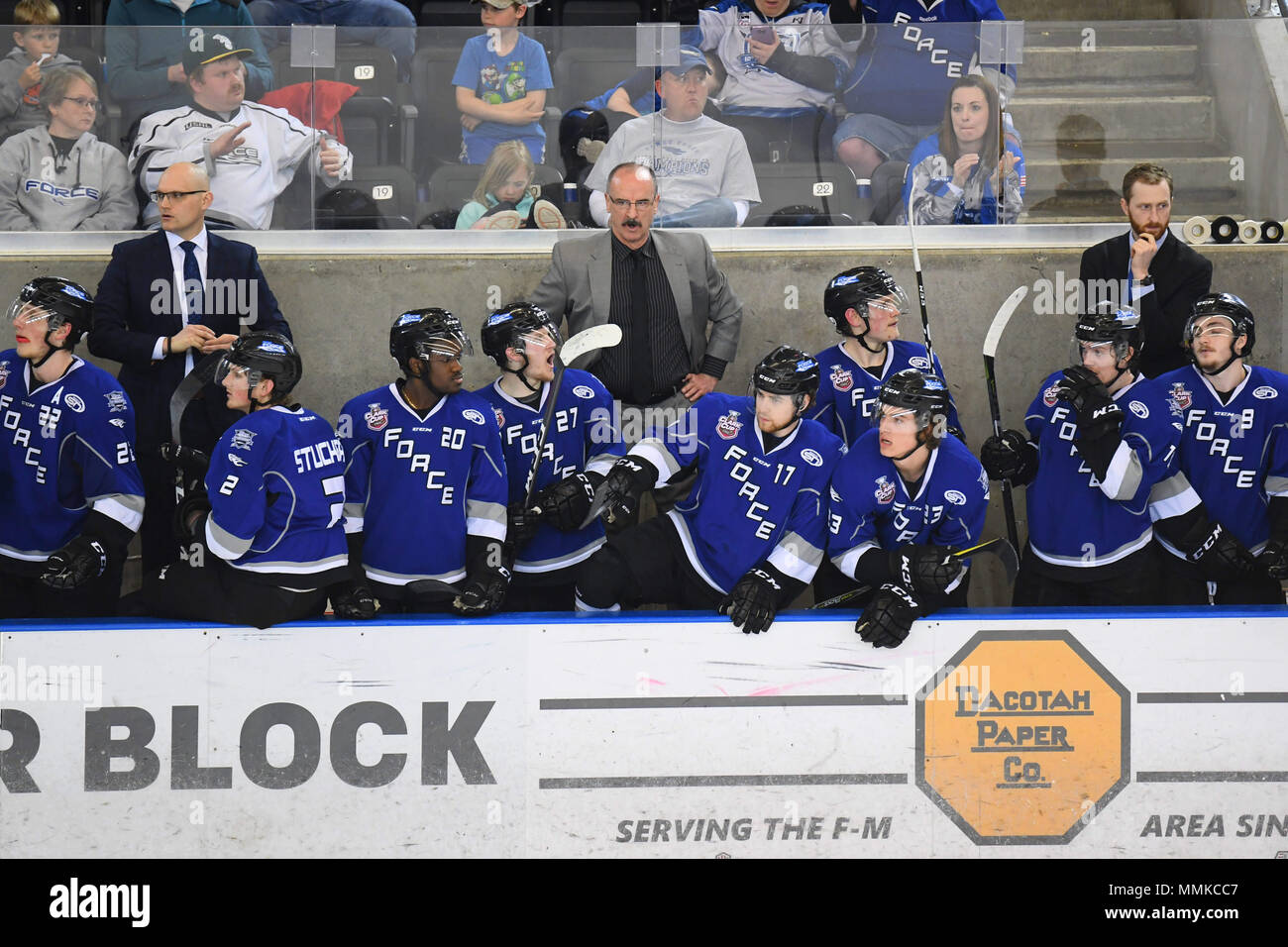 Fargo, North Dakota, USA. 11th May, 2018. Fargo Force assistant coach PierrePaul Lamoureau