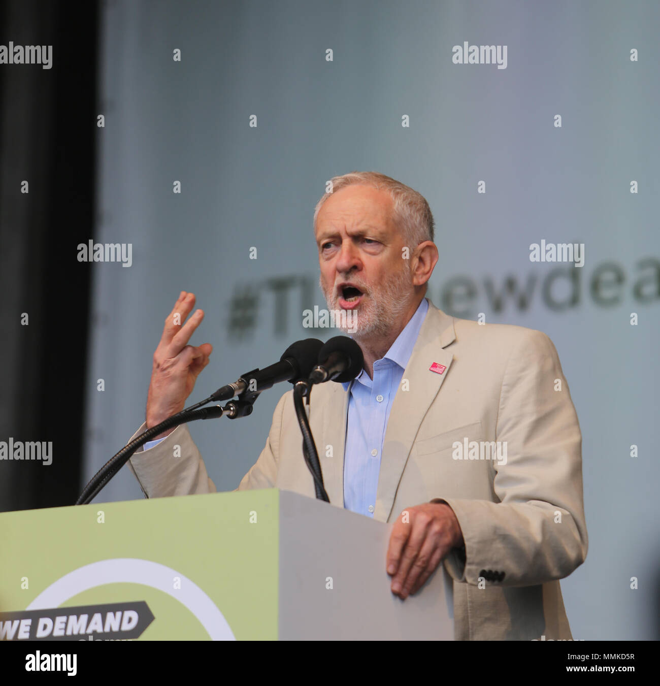 London UK 12 May 2018  Jeremy Corbyn Leader of the Labour Party and Leader of the Opposition since 2015. He has been the Member of Parliament for Islington North since 1983 speaking at the Trades Union Congress (the umbrella organisation of Trade Unions) who called a national demonstration under the slogan of 'A New Deal for Working People. Demanding  a real Living Wage for all workers, collective bargaining and union rights and an end to the 'gig-economy' .@Paul Quezada-Neiman/Alamy Live News Stock Photo