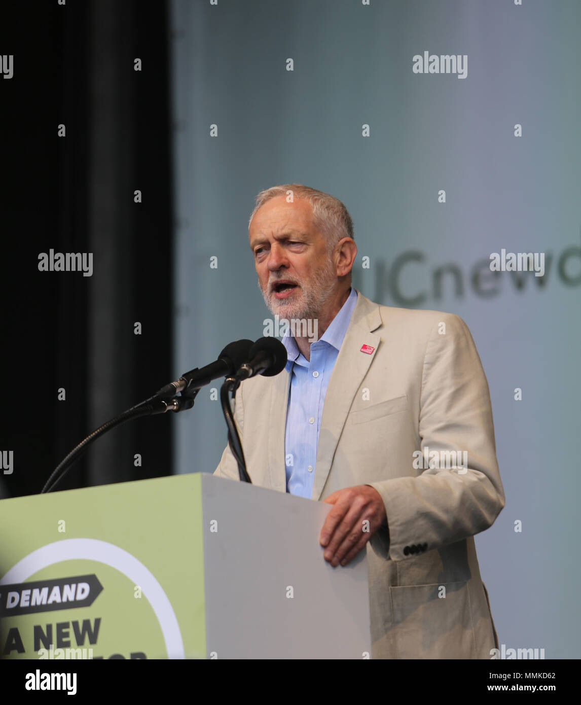 London UK 12 May 2018  Jeremy Corbyn Leader of the Labour Party and Leader of the Opposition since 2015. He has been the Member of Parliament for Islington North since 1983 speaking at the Trades Union Congress (the umbrella organisation of Trade Unions) who called a national demonstration under the slogan of 'A New Deal for Working People. Demanding  a real Living Wage for all workers, collective bargaining and union rights and an end to the 'gig-economy' .@Paul Quezada-Neiman/Alamy Live News Stock Photo
