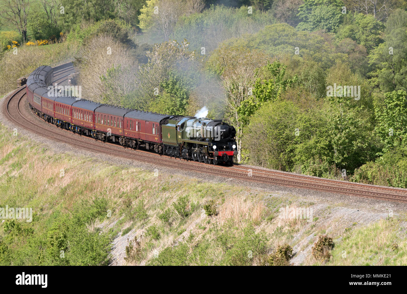 On a bright sunny summers day,Merchant Navy Class 'British India Line' steams through Cumbria near Armathwaite engine number 35018 on the Carlisle to Settle line. Stock Photo