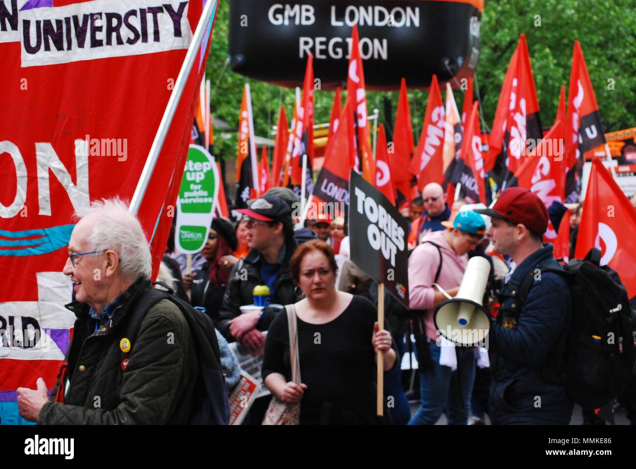 London, UK. 12th May 2018.   saturday emabnkment London uk . trade union march for end to the low pay , many public sector workers pay has been frozen for over 8 yrs wages are below inflation in the uk The present consevatives are not tackling this issue  sensibly leading to a low standards of public service in many sectors. thousands braved the rain to make the message clear ,austerity is not the working ,before rally at hyde park . Credit: Philip Robins/Alamy Live News Stock Photo