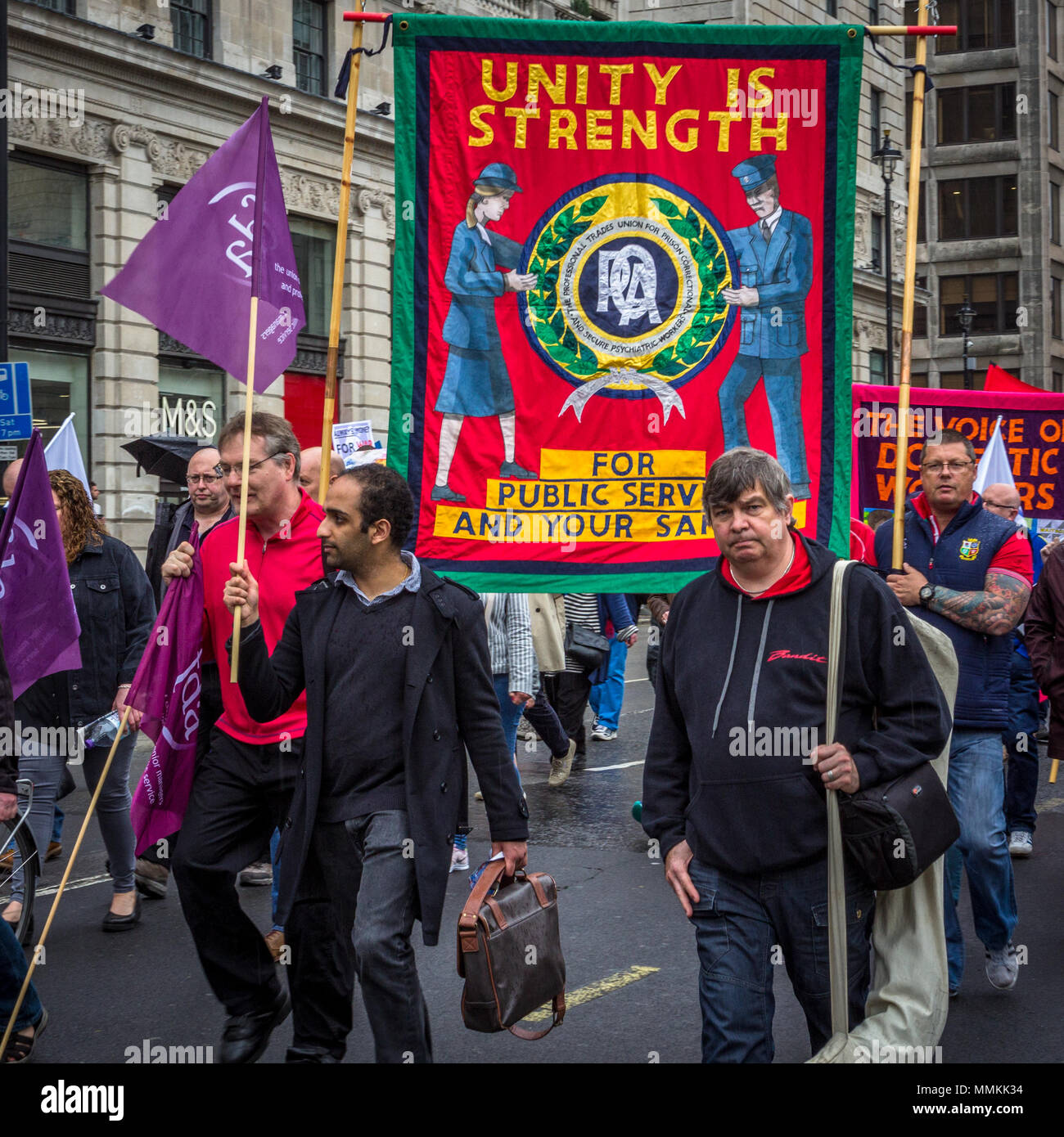 12 May 2018. London, UK. TUC rally to demand 'new deal' for workers, and improved public services. Thousands of protesters marched from Embankment to Hyde Park, calling for higher minimum wage, an end to zero-hours contracts and increased funding for essential public services. Stock Photo