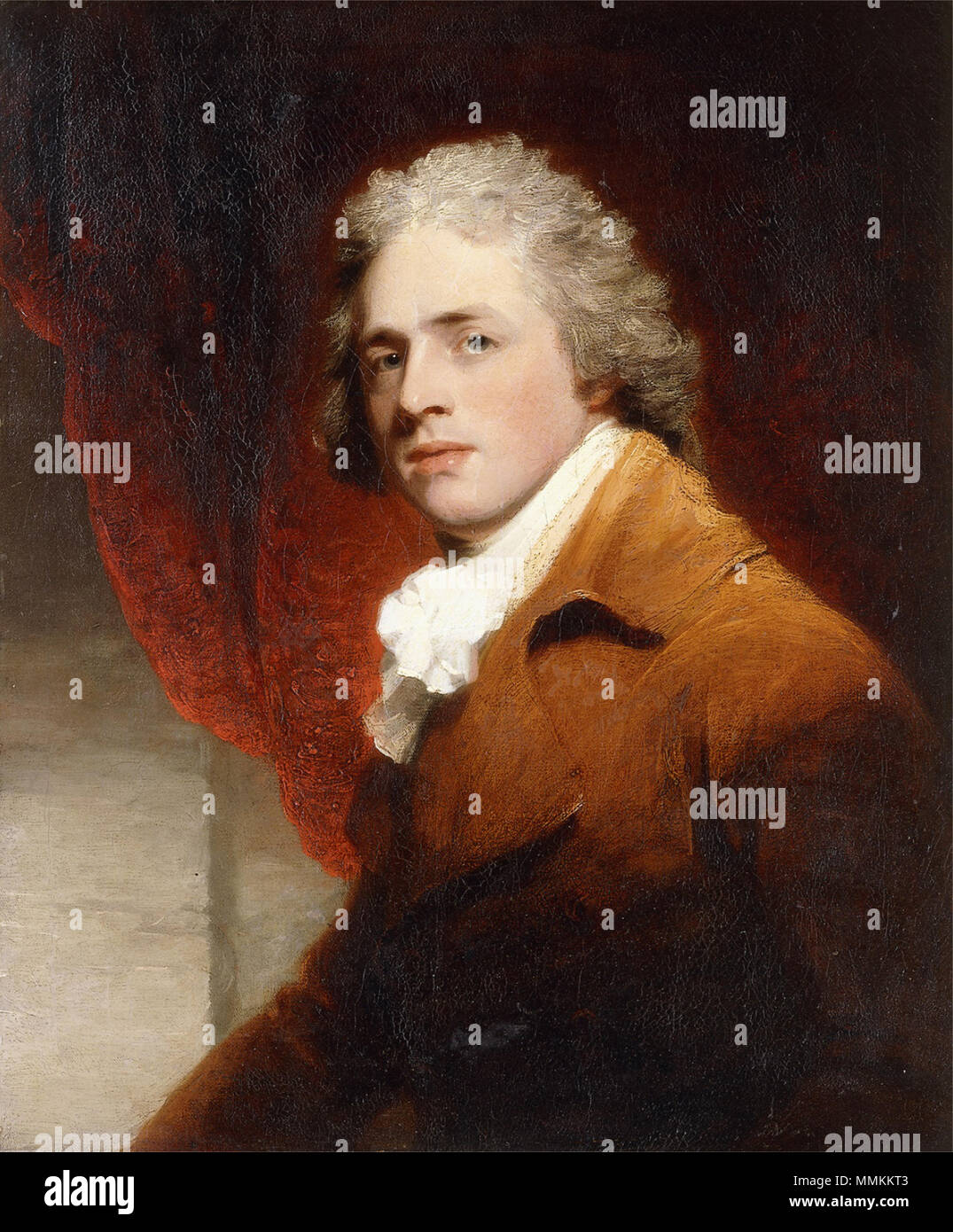 . The sitter has traditionally been identified as Richard Brinsley Sheridan (1751-1816).  Portrait of a Gentleman, Half-Length, in a Brown and White Stock, a Red Curtain Behind John Hoppner - Portrait of a Gentleman, traditionally been identified as Richard Brinsley Sheridan Stock Photo
