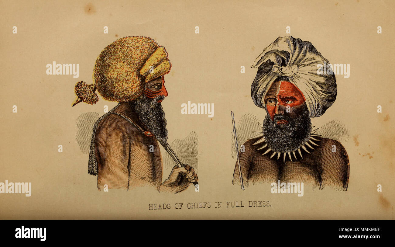 . English: Heads of Chiefs in Full Dress. Colored wood engraving based on the sketches of missionary Thomas Williams.  . circa 1858. Thomas Williams[1] Heads of Chiefs in Full Dress Stock Photo