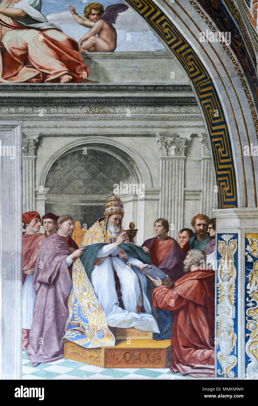 . English: Cardinal and Theological Virtues by Raphael (detail). Stanza della Segnatura, Vatican Museums. The seated figure is the Pope Gregorius IX, with the face of Julius II.  . 9 September 2015, 13:12:57. Alvesgaspar Cardinal Virtues (Raphael) September 2015-1a Stock Photo