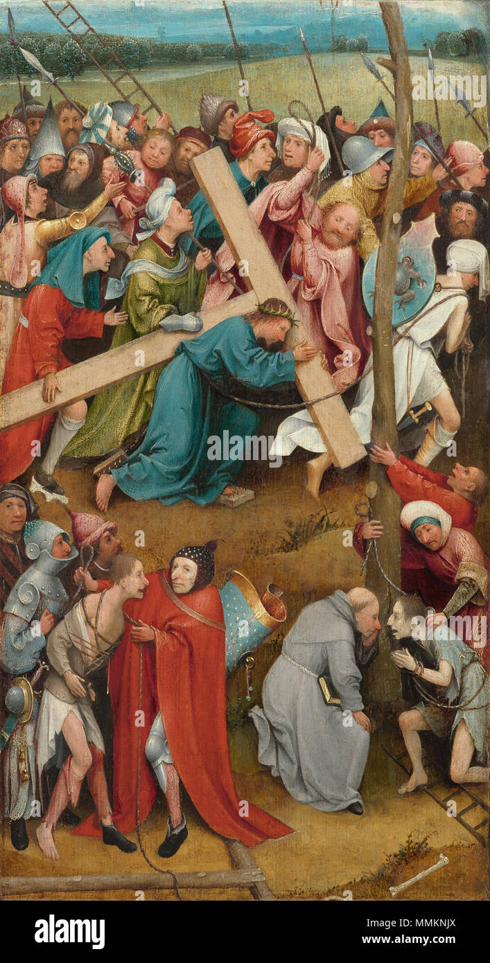 . Inner left wing of a tryptych. See File:Hieronymus Bosch 101.jpg for the outer left wing.  Christ Carrying the Cross. circa 1500. Hieronymus Bosch 054 Stock Photo