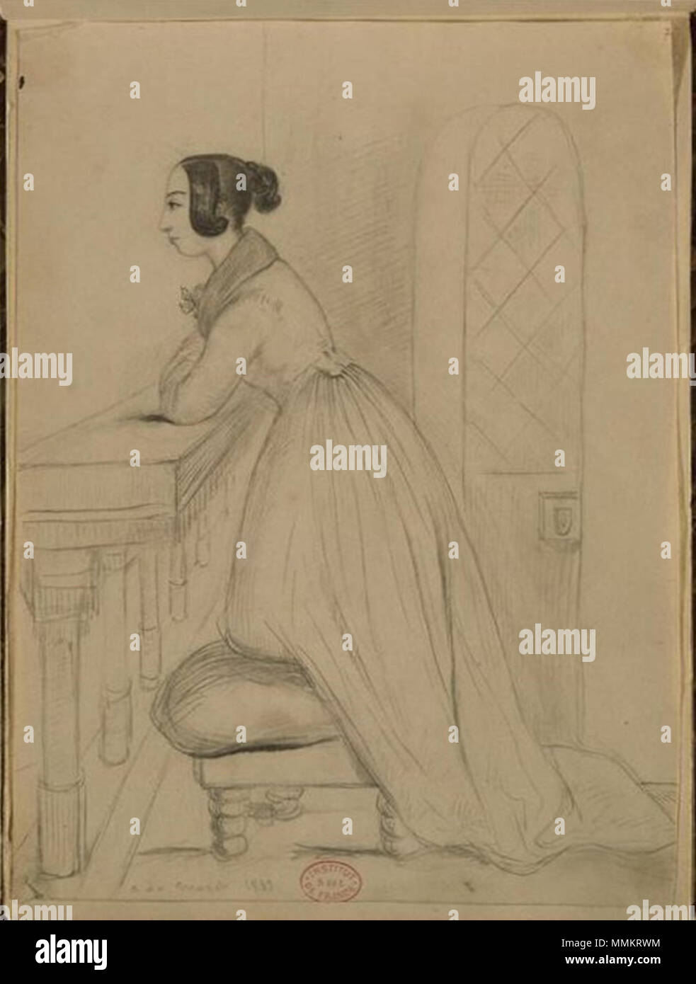 . English: Drawing of George Sand by Alfred de Musset. Français : Dessin représentant George Sand (1804-1876) par le poète Alfred de Musset. George Sand est le pseudonyme d'Amantine Aurore Lucile Dupin de Francueil, baronne Dudevant, romancière, auteur dramatique, critique littéraire française et journaliste. English: Portrait of George Sand. Français : Portrait de George Sand. 1833. George Sand par Alfred de Musset (20) Stock Photo