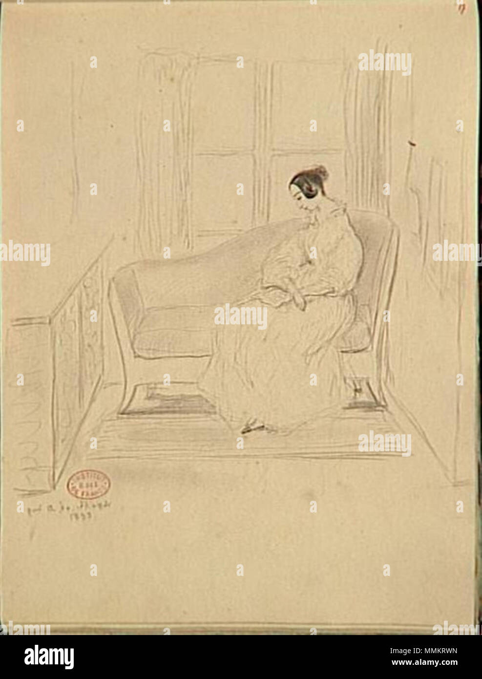. English: Drawing of George Sand by Alfred de Musset. Français : Dessin représentant George Sand (1804-1876) par le poète Alfred de Musset. George Sand est le pseudonyme d'Amantine Aurore Lucile Dupin de Francueil, baronne Dudevant, romancière, auteur dramatique, critique littéraire française et journaliste. English: Portrait of George Sand. Français : Portrait de George Sand. 1833. George Sand par Alfred de Musset (25) Stock Photo