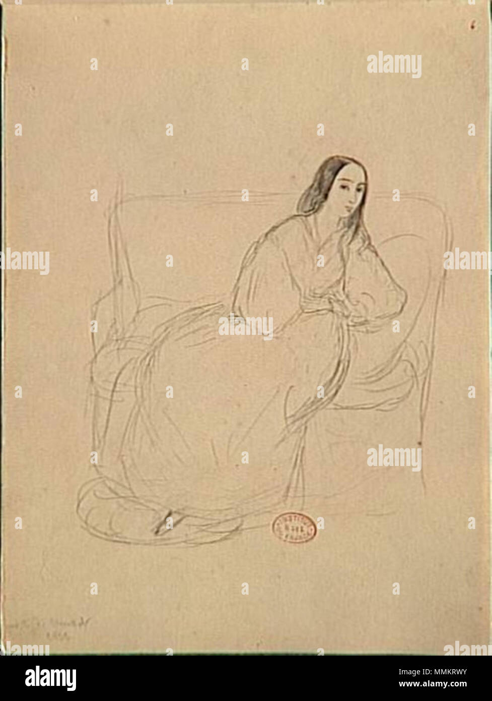 . English: Drawing of George Sand by Alfred de Musset. Français : Dessin représentant George Sand (1804-1876) par le poète Alfred de Musset. George Sand est le pseudonyme d'Amantine Aurore Lucile Dupin de Francueil, baronne Dudevant, romancière, auteur dramatique, critique littéraire française et journaliste. English: Portrait of George Sand. Français : Portrait de George Sand. 1833. George Sand par Alfred de Musset (30) Stock Photo