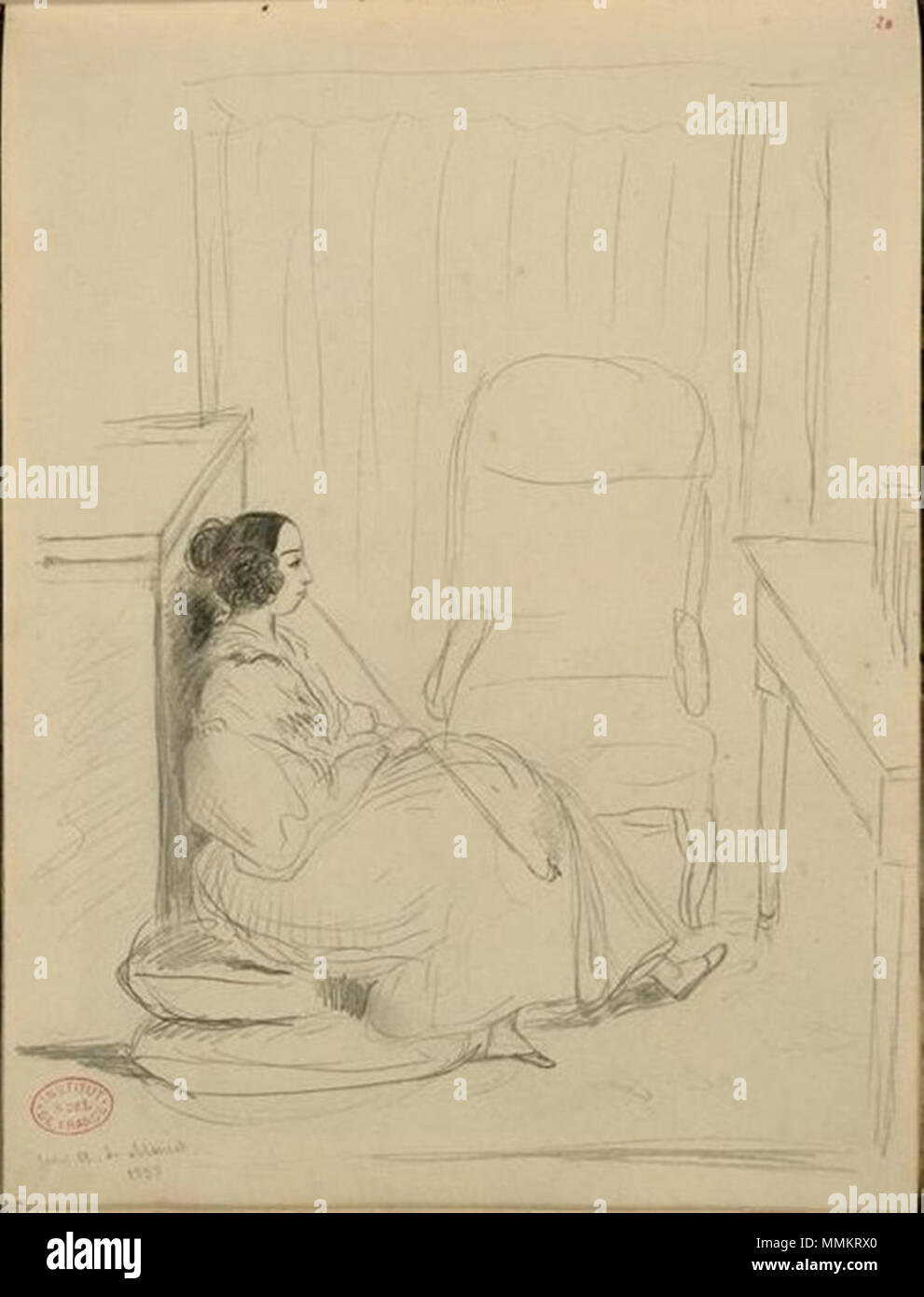 . English: Drawing of George Sand by Alfred de Musset. Français : Dessin représentant George Sand (1804-1876) par le poète Alfred de Musset. George Sand est le pseudonyme d'Amantine Aurore Lucile Dupin de Francueil, baronne Dudevant, romancière, auteur dramatique, critique littéraire française et journaliste. English: Portrait of George Sand. Français : Portrait de George Sand. 1833. George Sand par Alfred de Musset (35) Stock Photo