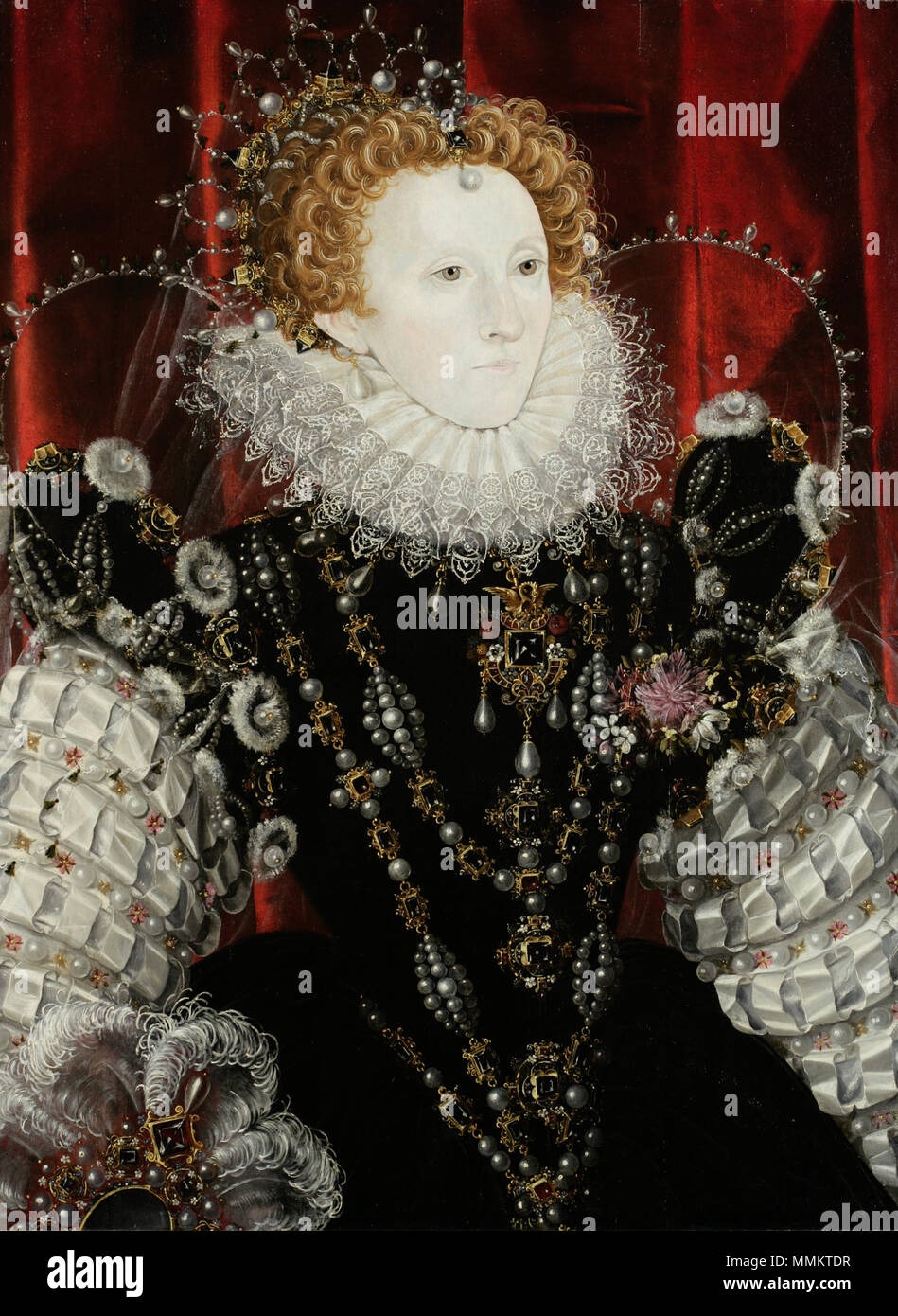 . Depicted person: Elizabeth I of England English: Portrait of Elizabeth I of England (1533–1603), oil on French oak panel, Rothschild Family collection.  English: Queen Elizabeth I (1533–1603) . between 1576 and 1578. Nicholas Hilliard Elizabeth I Stock Photo