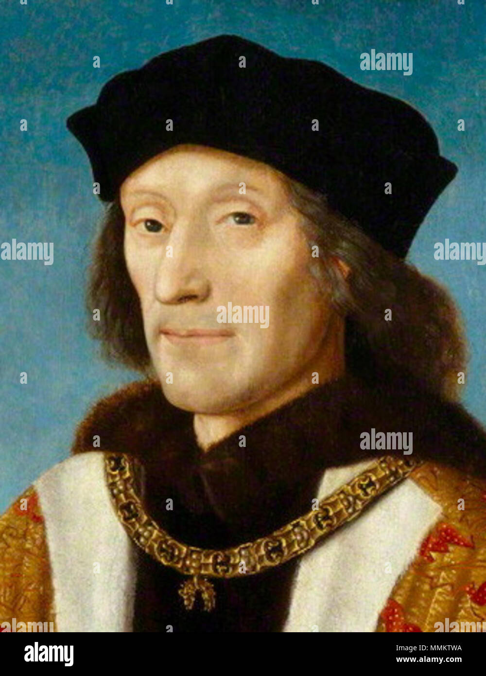 .  English: Portrait clutching the red rose of the house of Lancaster and wearing the collar of the Order of the Golden Fleece, arched top; Text from NPG catalogue: 'This impressive portrait is the earliest painting in the National Portrait Gallery's collection. The inscription records that the portrait was painted on 29 October 1505 by order of Herman Rinck, an agent for the Holy Roman Emperor, Maximilian I. The portrait was probably painted as part of an unsuccessful marriage proposal, as Henry hoped to marry Maximillian's daughter Margaret of Savoy as his second wife'.  by Unknown artist, o Stock Photo