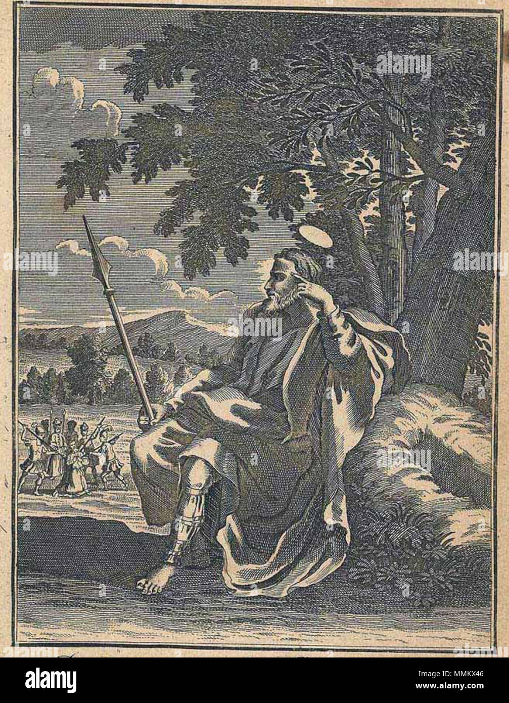 . English: 'By the command of an Indian King he was thrust through with Lances' (1739) Source: ebay, Nov. 2004 'A copper-plate engraving from 1739 on a light, handmade paper. From the Compleat History of the Holy Bible by Laurence Clarke, A.M. Published in London, for the author. From the Apocrypha and the New Testament.'  . 1739. Laurence Clarke By the command of an Indian King he was thrust through with Lances Stock Photo