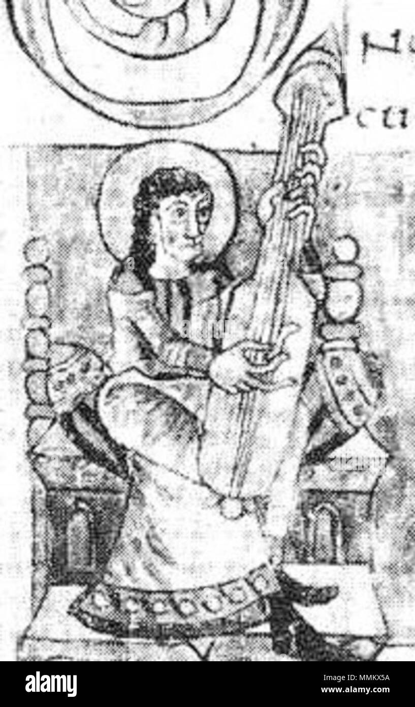 . Photograph of a medieval artwork, showing a guitarlike plucked