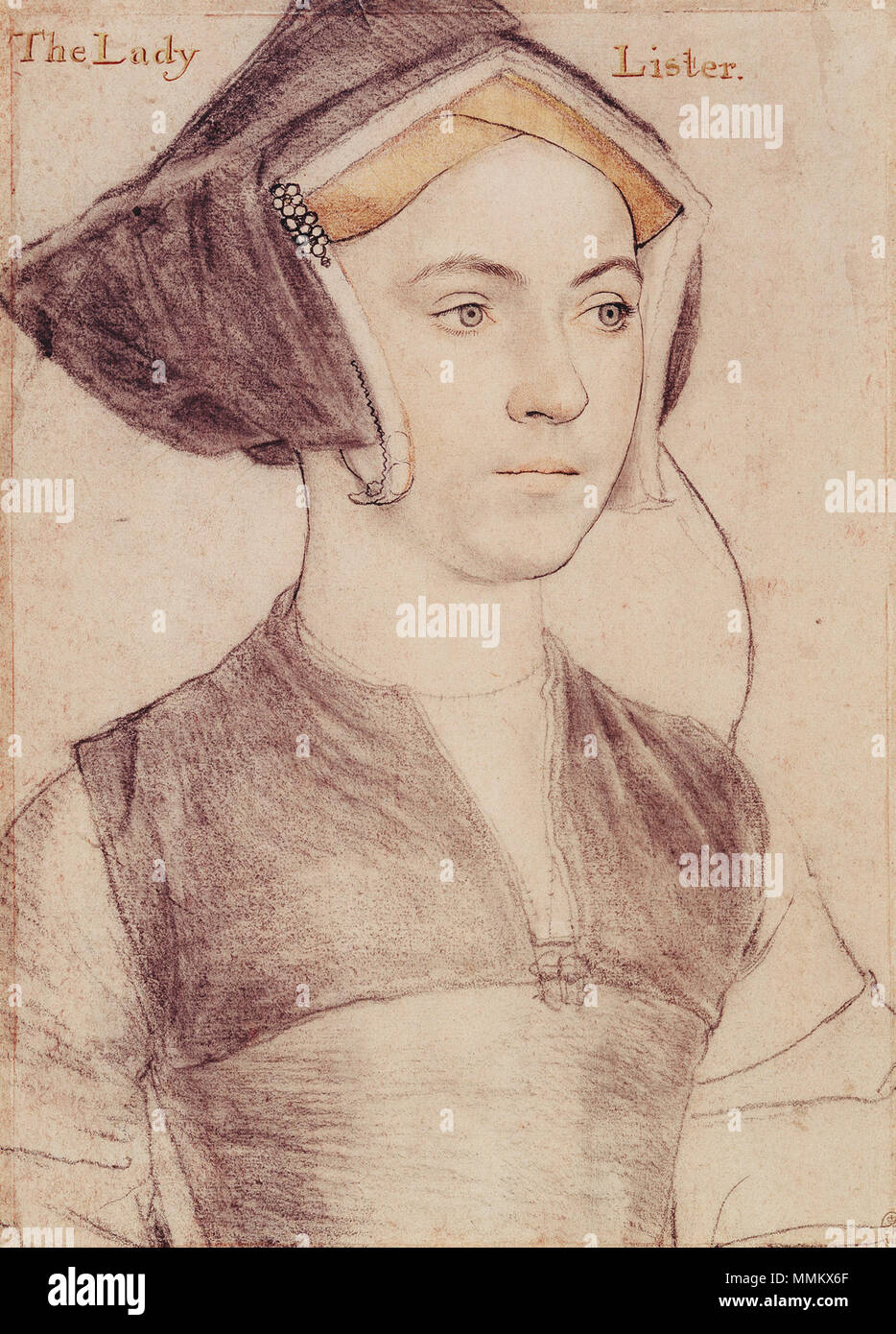 . English: Portrait of Jane, Lady Lister. Black and coloured chalks and pen and Indian ink on pink-primed paper, 29 × 21 cm, Royal Collection, Windsor Castle. Jane Lister was the daughter of Ralph Shirley, an official of the court of Henry VII. Sir Richard Lister, an important official and Lord Chief Justice under Henry VIII and Edward VI, was her second husband. The drawing has been reworked by later hands than Holbein's. Art historian K. T. Parker detected Holbein's characteristic left-handed shading in the headdress and right sleeve; but he called the penwork 'medium quality' and noticed st Stock Photo