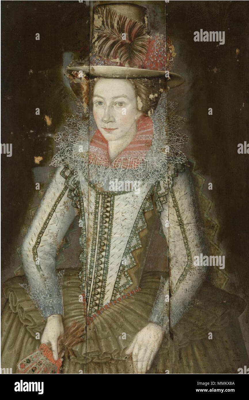 .  English: three-quarter length, standing in a white and green embroidered dress, with green skirts and a red and lace collar, wearing a feathered high hat, a fan in her right hand  Portrait of a Lady Adam de Colone04 Stock Photo