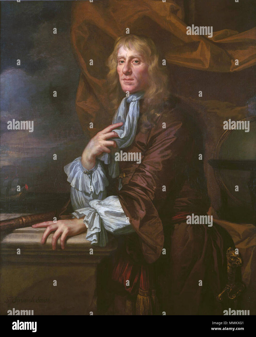 .  English: A three-quarter-length portrait to left in a brown silk coat fastened with gold clips and with a gold-tasselled red sash round his waist. He is leaning forward onto a stone plinth, his right hand fingering his neck cloth. His telescope rests on the plinth in front of him, and there is a ship beyond. In the right background is a globe and brown draperies.  Jeremiah Smith (d. 1675)  *oil on canvas  *127 x 101.5 cm  *1666  *inscribed b.l.: Sr Jeremiah Smith Sir Jeremiah Smith Stock Photo