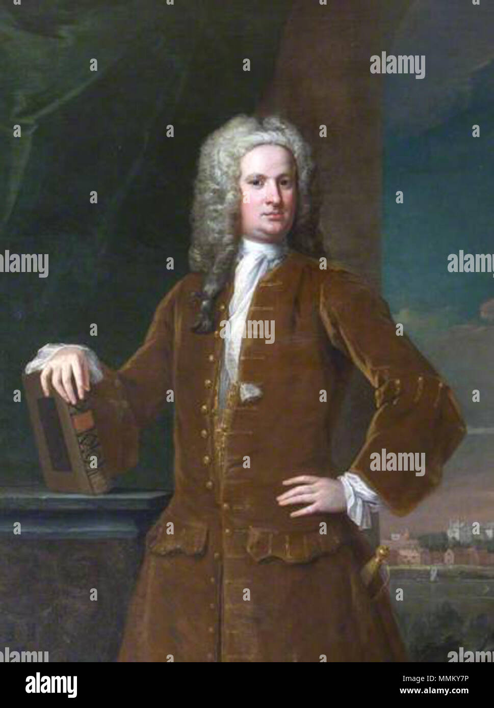 .  English: Edmund Prideaux (1693-1745) of Prideaux Place, Cornwall. 'The sitter is identifiable by the coat of arms on the plinth and by his connections with the Hobarts of Blickling, where this hangs amongst other portraits of ‘Norfolk Worthies’. Although he was from an ancient Cornish family, Edmund was associated with Norwich. His father, the noted Orientalist, Humphrey Prideaux, was Dean of Norwich, and Edmund married Hannah Wrench, who came from that city. He made a Grand Tour of Italy (probably in 1739), during which he collected a number of Roman antiquities and pictures. Afterwards, h Stock Photo