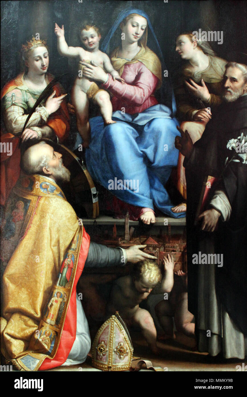 Madonna Enthroned with the blessing of the Holy Child and Petronius, Catherine of Alexandria, Dominic and Apollonia. 1572. 1572 Sabatini Maria mit segnendem Kind und Heiligen anagoria Stock Photo